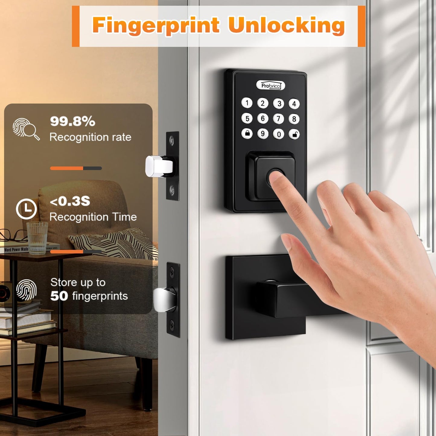 Probrico Keyless Entry Door Lock with Handle, Smart Locks for Front Door, Black Keypad Door Lock with Handle Fingerprint Lock, Electronic Keypad Deadbolt Lever, App Control, Auto Lock