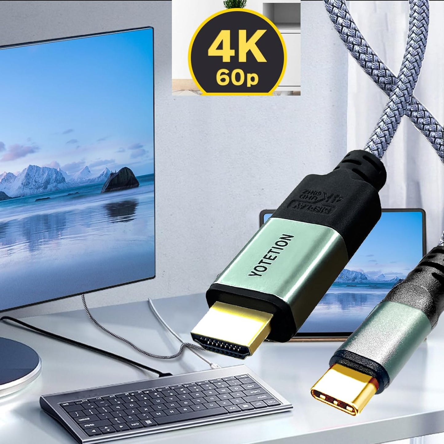 YOTETION 20FT 4K@60Hz, 15 S8-S23, 2, 3/4] USB-C to HDMI-A Braided Cable, Suitable for Home Office [Compatible