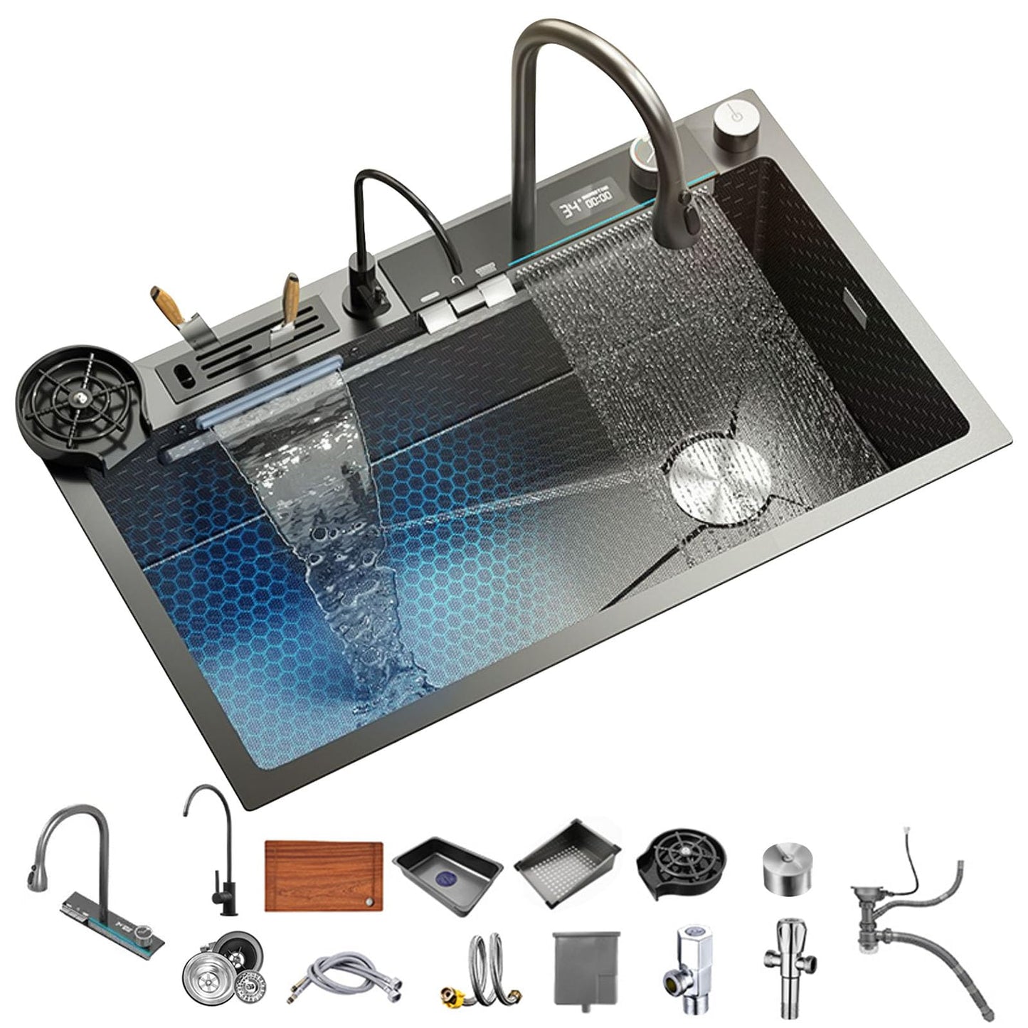 SDGRP Kitchen Sink 304 Stainless Steel Undermount Sink Drop in Single Bowl Kitchen Sinks, With Pull Down Sprayhead Faucet, With Pressurized Cup Washer and Two Waterfalls (31.5 x 18.1 inch)