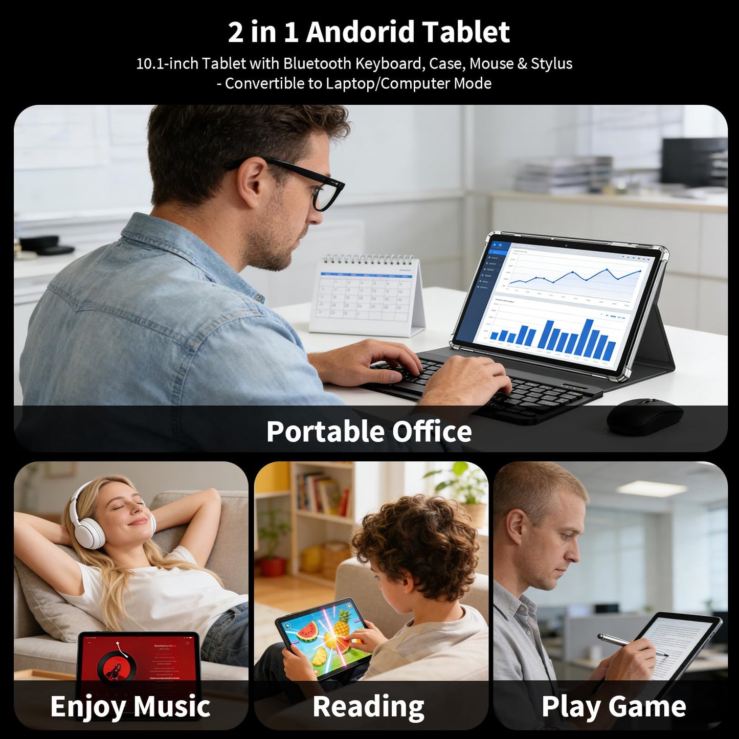 Android tablet, 2026 10 inch Android 16 tablet with keyboard, 26GB+256GB+2TB Expand, AI Tablet with Gemini, 8-Core, 8000mAh, 5G WiFi, GPS, GMS, Electronics Tablets with Case/Mouse/Stylus(Black Case)