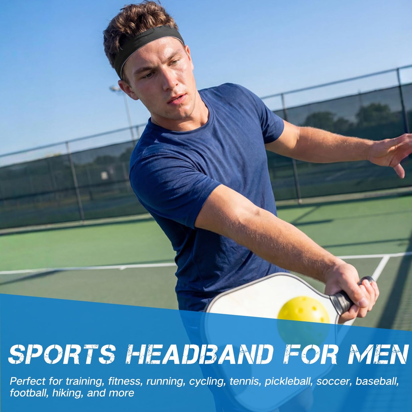 Sukeen 1" Sweat Bands Headbands for Men, Moisture Wicking Sports Mens Headband, Adjustable Non-Slip Sweatbands for Men, Breathable Sweat Band for Running, Cycling, Football, Fitness, Black