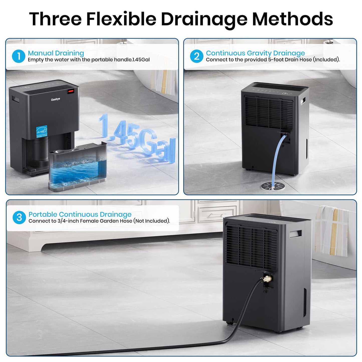 Gasbye 4500 Sq.Ft. 2026 Energy Star Dehumidifier for Basement with Drain Hose, Max 75 Pints/D Dehumidifier for Large Room, [43dB Quiet Compressor], Easy Drainage, Auto-restart, Black