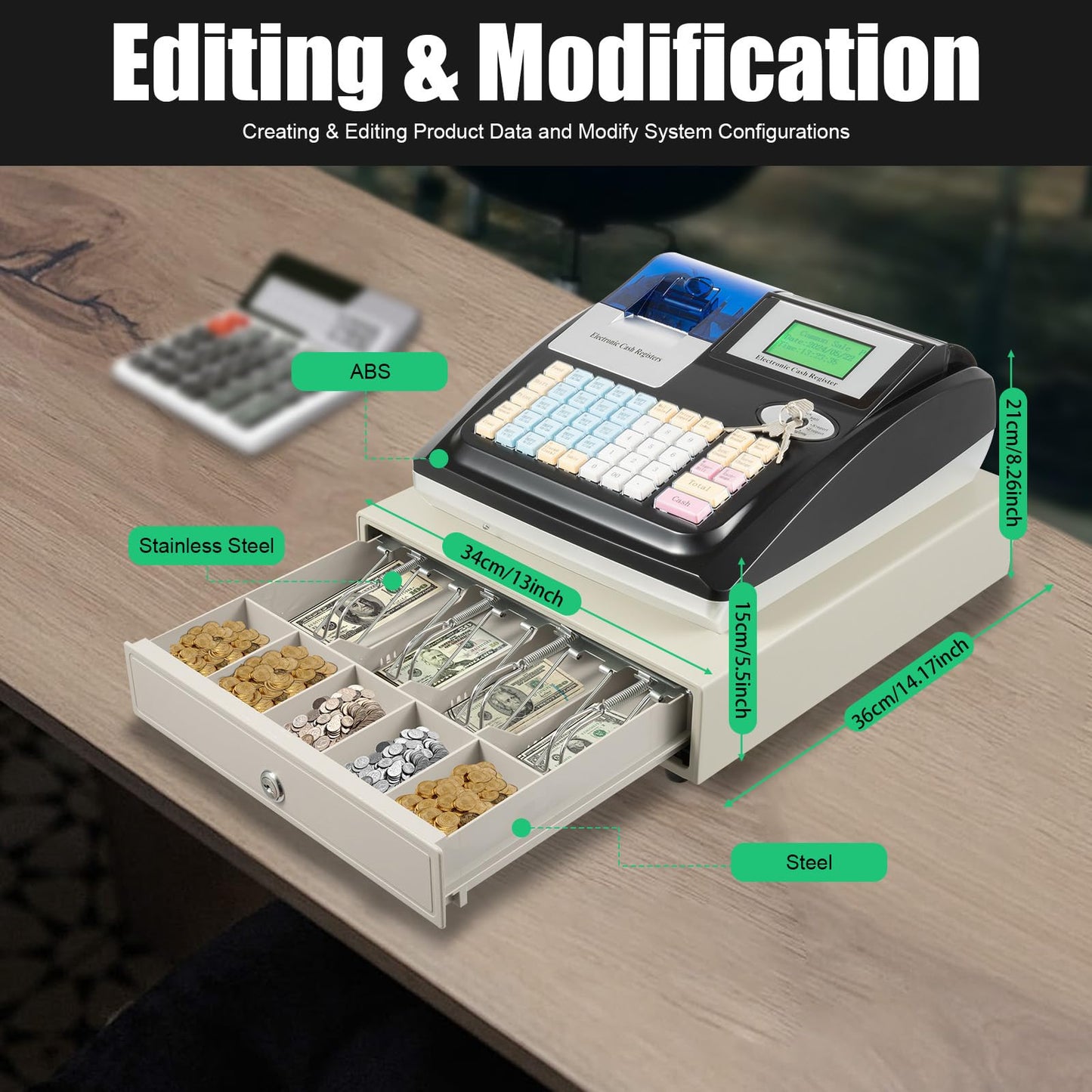 48-Key Electronic Cash Register System – Thermal Printer, Cash Drawer, LCD Displays – Secure Offline POS for Retail, Restaurant, Grocery Store, USB RS232 Connectivity (Black)