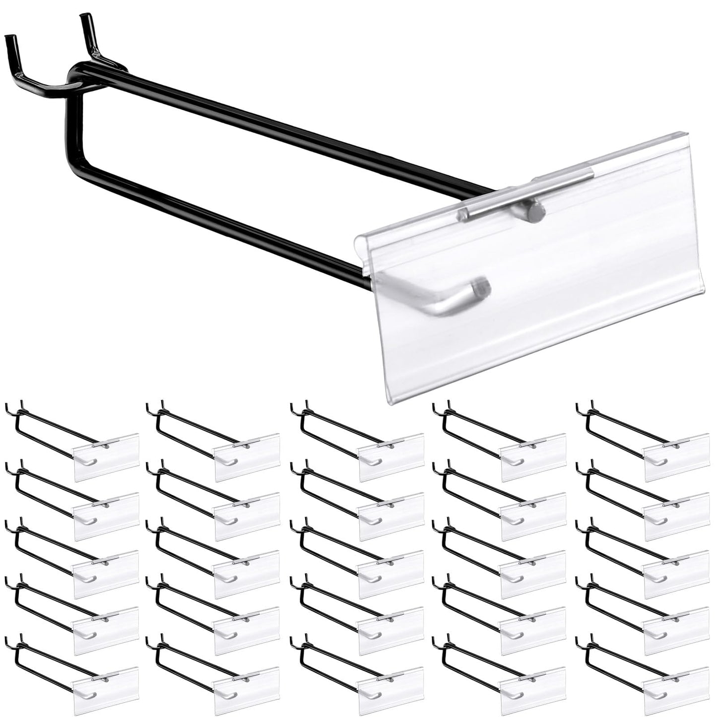 Tandefio 50 Pack 4 Inch Black Metal Peg Board Hooks with Clear Plastic Label Holder Stainless Steel Display Pegboard Hooks for 1/8'' to 1/4'' Pegboard Wall for Garage Storage Retail Shop Supplies
