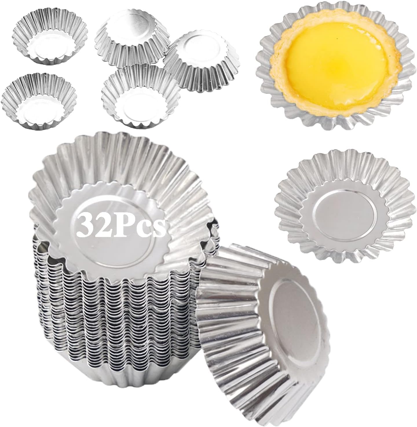 Skiennix Egg Tart Molds - 32-Pack Mini Tart Pans for Baking | 2.75-Inch Aluminum Tins