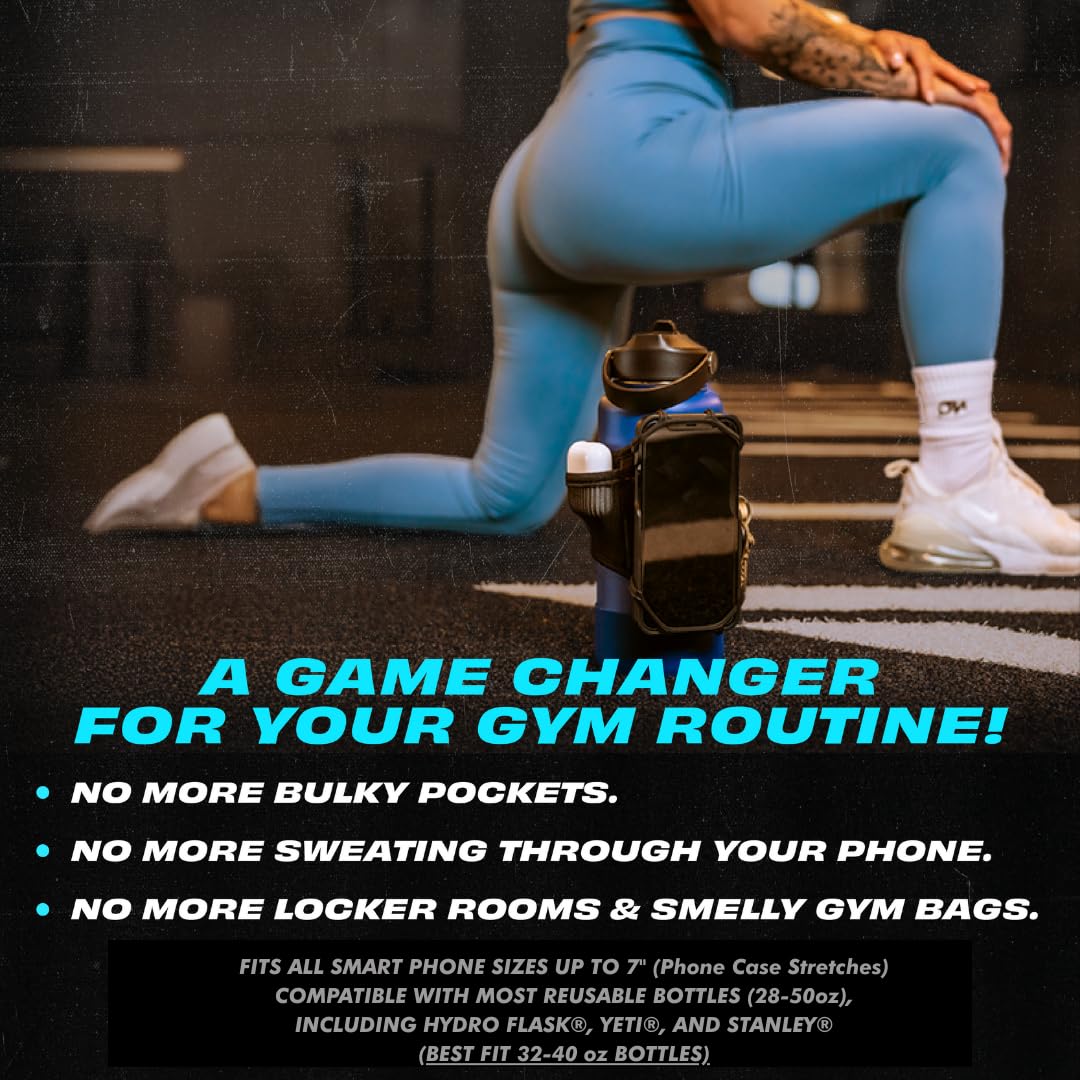 FitWallet Magnetic Gym Water Bottle Bag & Phone Holder – Hands-Free Sleeve Pouch for Stanley, Hydro Flask & YETI – Detachable Smartphone Case for Workout