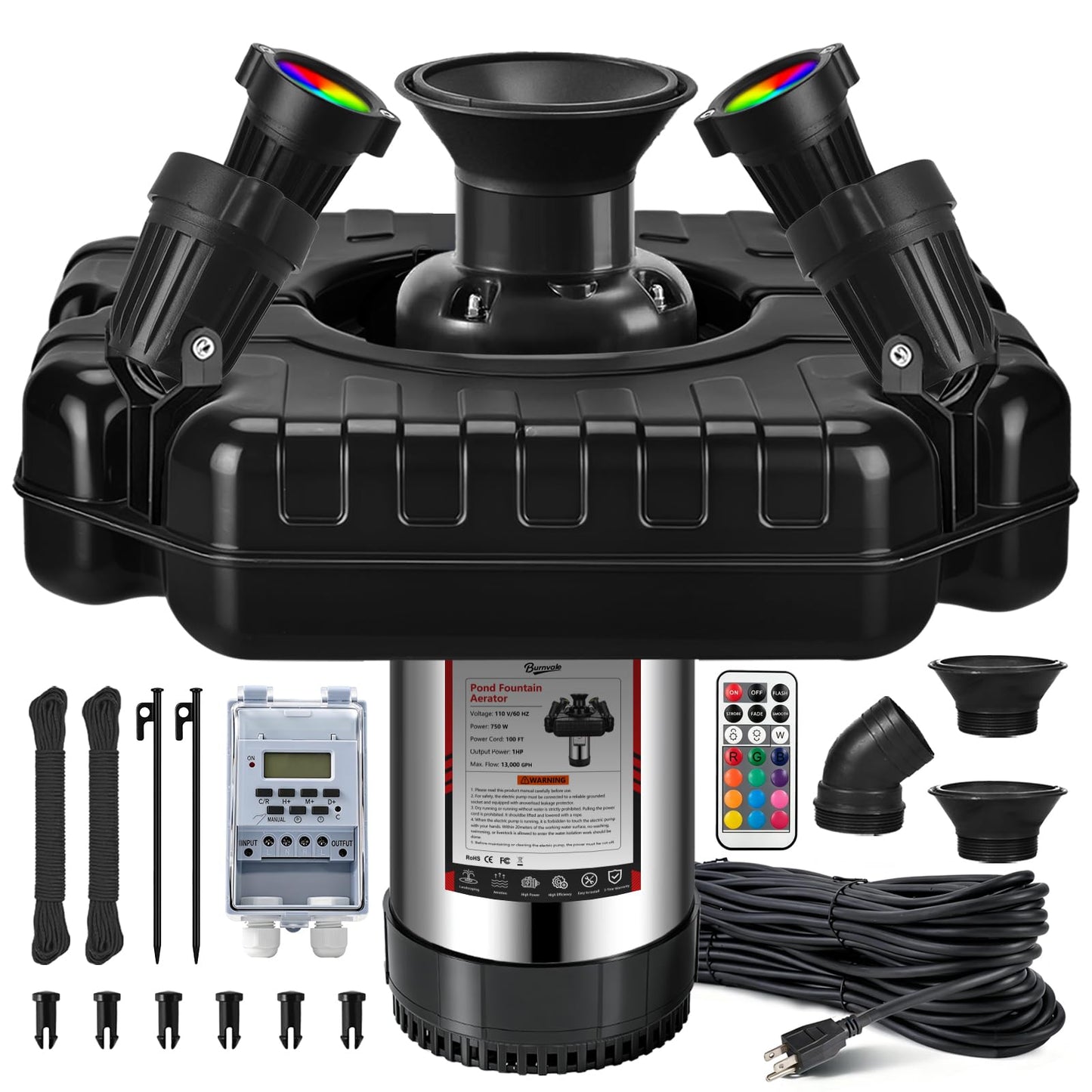 Burnvale Pond Fountain Aerator, 1HP 110V 750W Floating Pond Fountain, With4 RGB Lights，100 FT Power Cord，Waterproof Timer，2x100 FT Traction Rope，Floating Water Fountains for Ponds