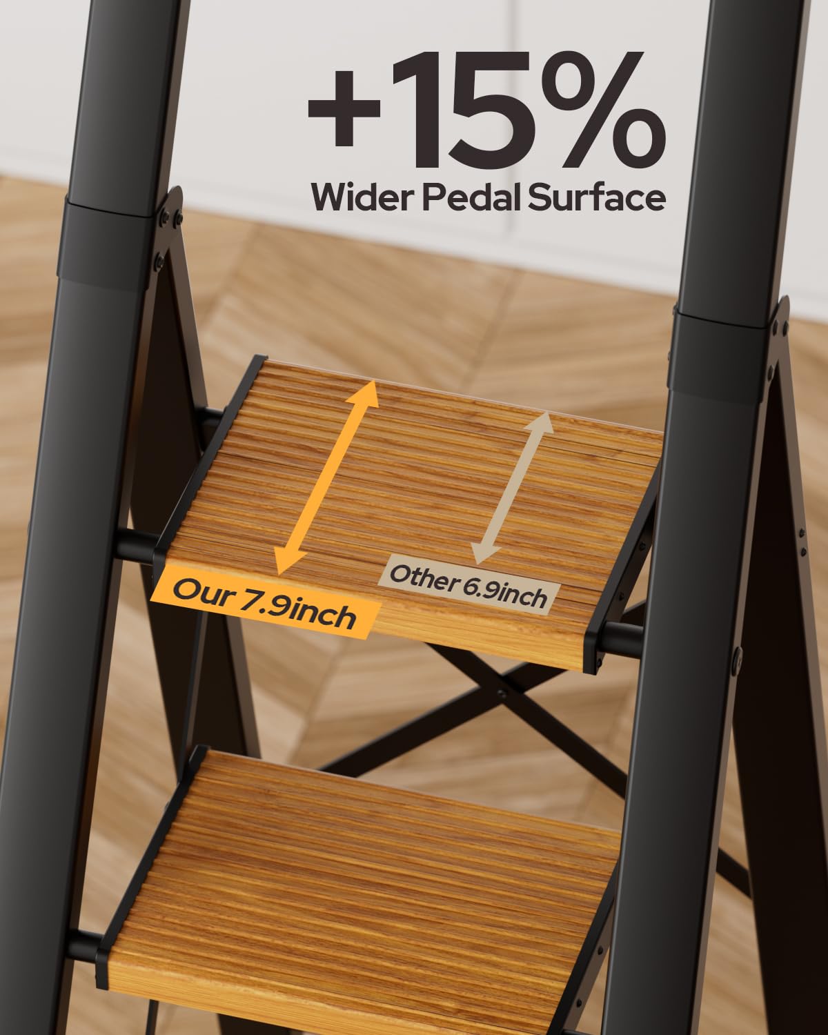 GameGem 6 Step Ladder for 12 Feet High Ceiling, Lightweight Aluminum Folding Step Stool with Convenient Handgrip, Stepladders with Anti-Slip and Wide Pedal for Home Use Space Saving - Black+Woodgrain