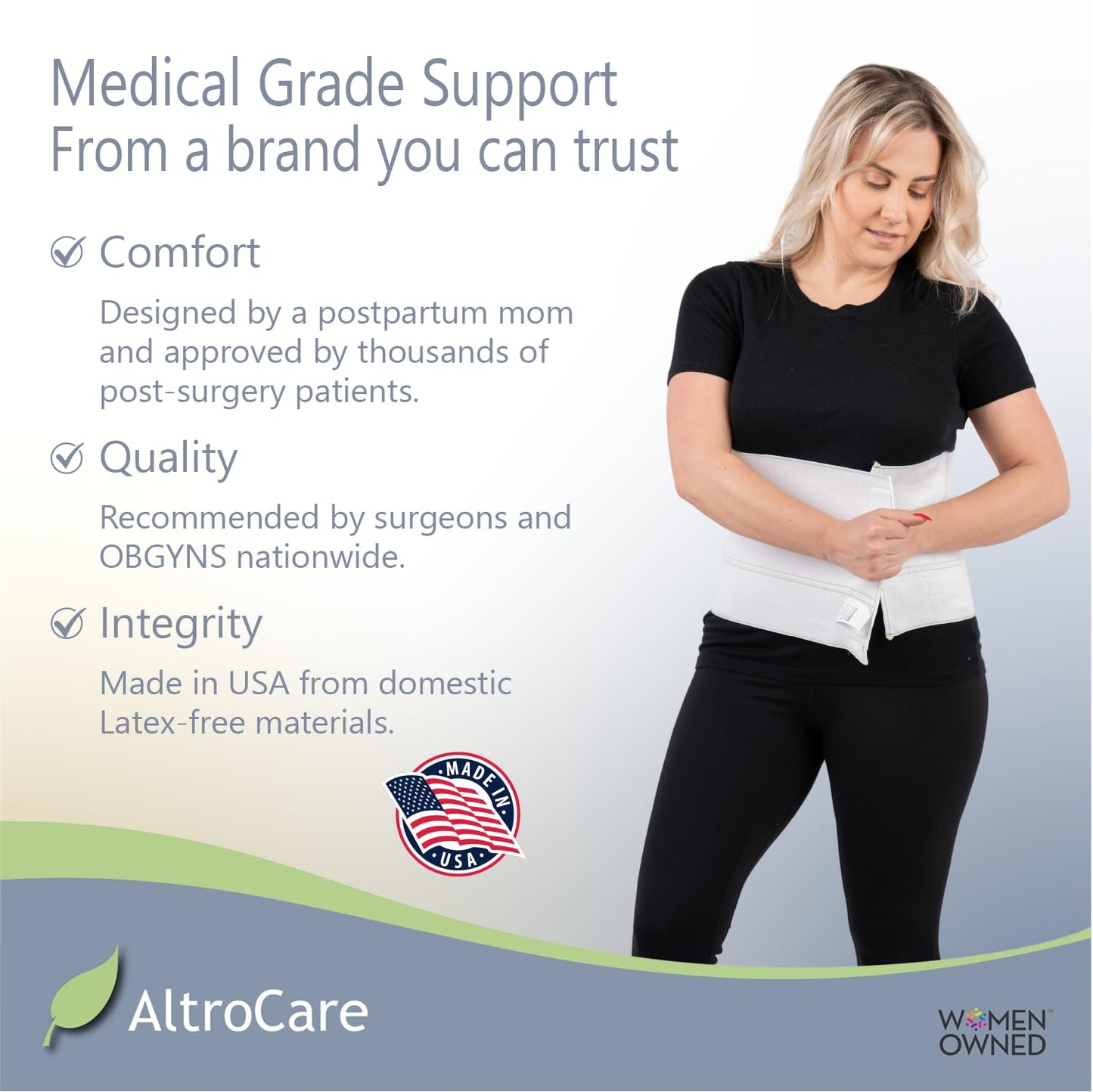 AltroCare Postpartum & Post Surgery Abdominal Binder. 3-Panel belly band for recovery after childbirth, hysterectomy, tummy tuck, hernia, diastasis recti. Size L/XL (45" to 60"). Made in USA.