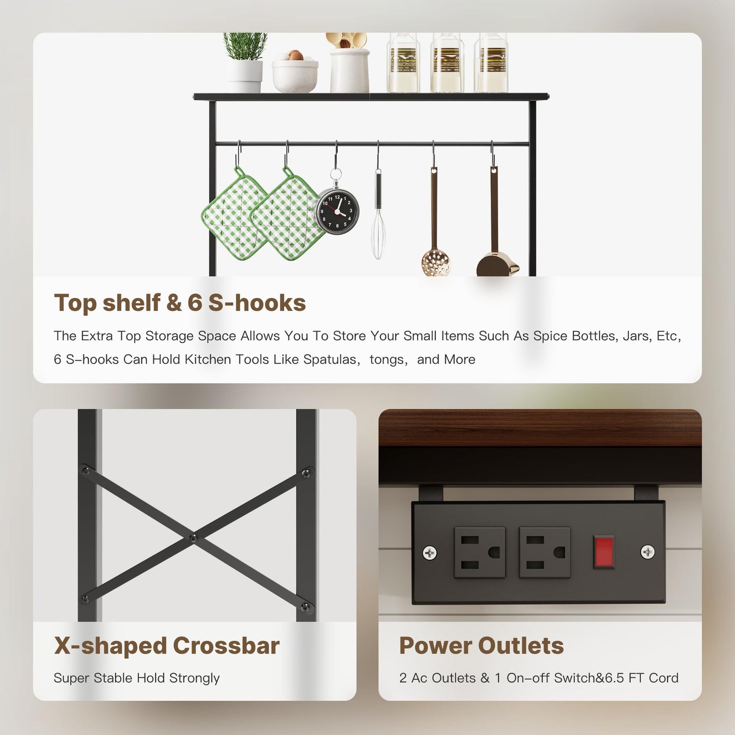 Txecpro kitchen Bakers Rack with Power Outlet, Coffee Bar Table 4 Tiers, Microwave Stand with 6 S-shaped Hooks, Kitchen Storage Shelf Rack for Spices, Pots and Pans，25.6" L x 12" W x 53.5" H