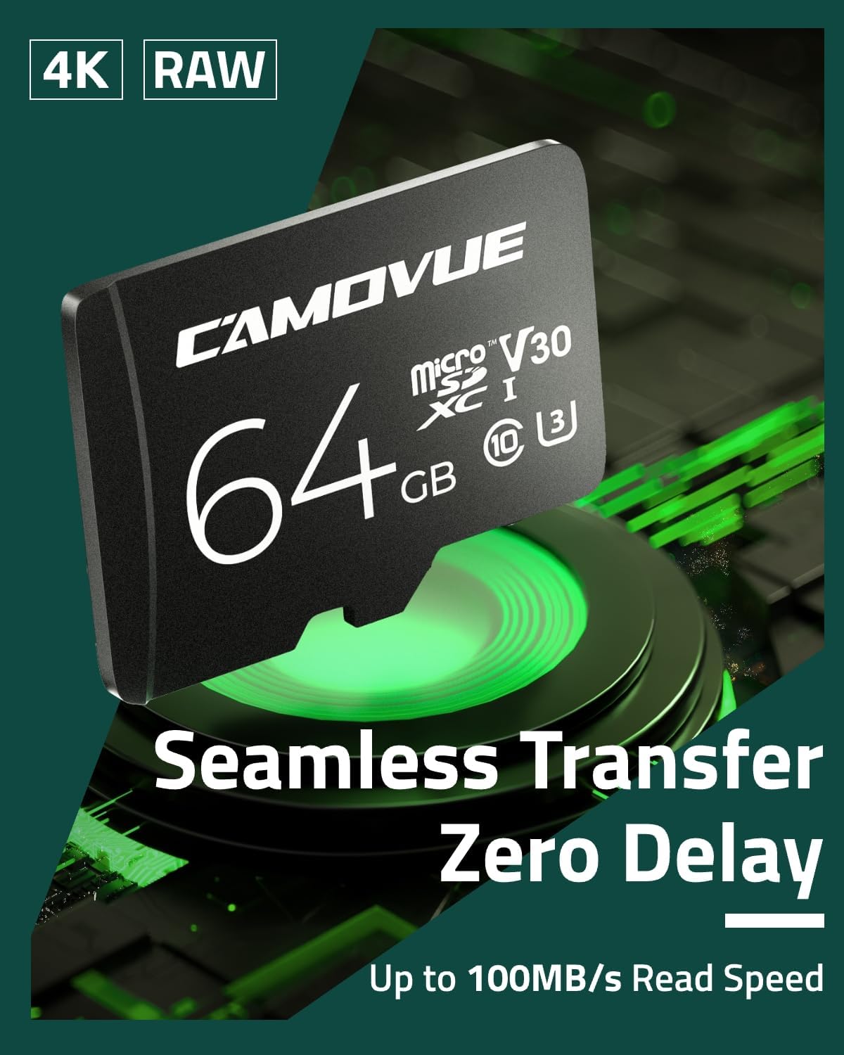 CAMOVUE 64GB Max.100MB/s 4K RLA-SD10,U3/C10/30, microSD Card, Read Speed, Ultra HD Transmission, Series Universal