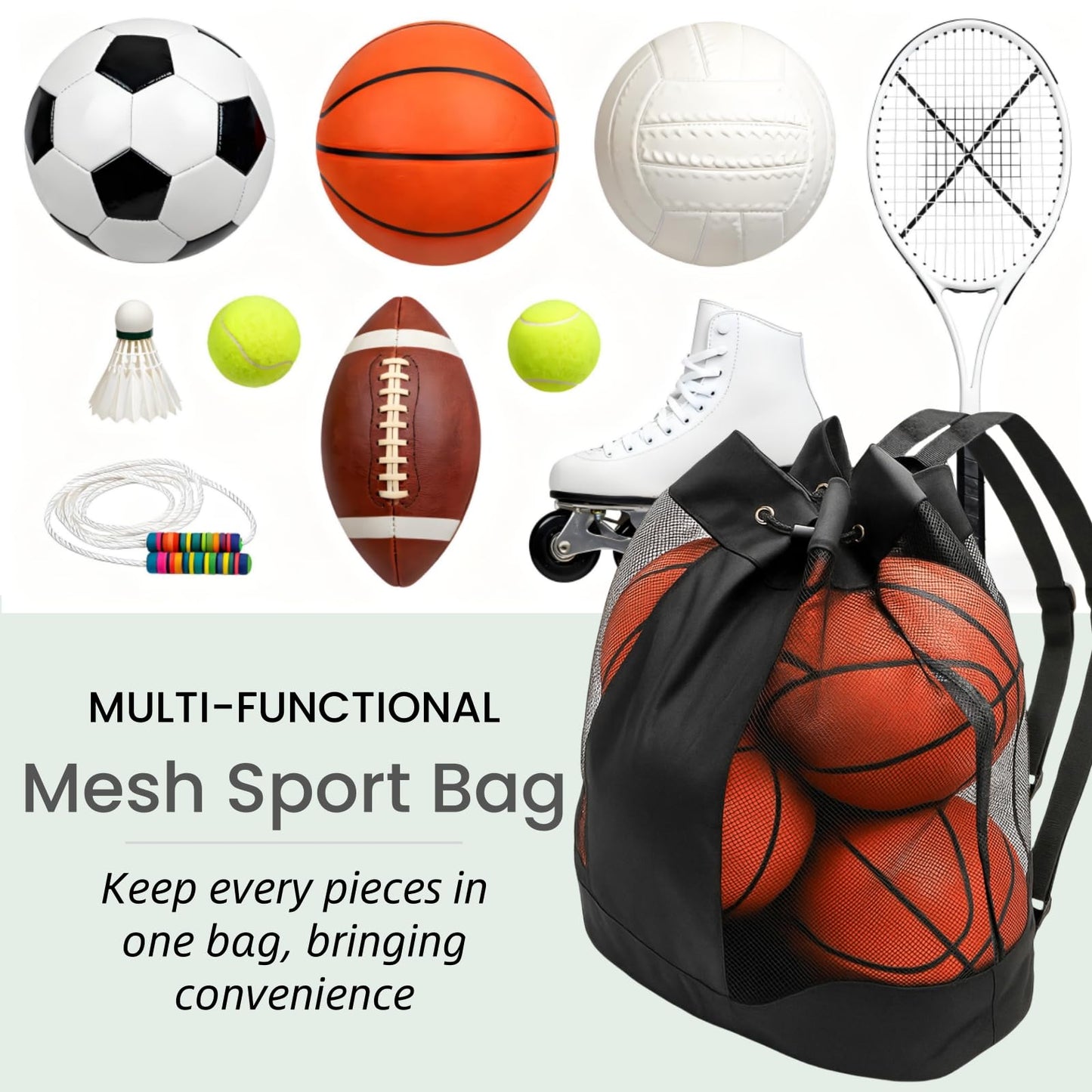 Nagpew Large Ball Bag, Mesh Sport Bag with Adjustable Double Strap, Drawstring, Heavy-duty Soccer Organizer Beach Toy Storage for Football, Basketball, Volleyball, Training