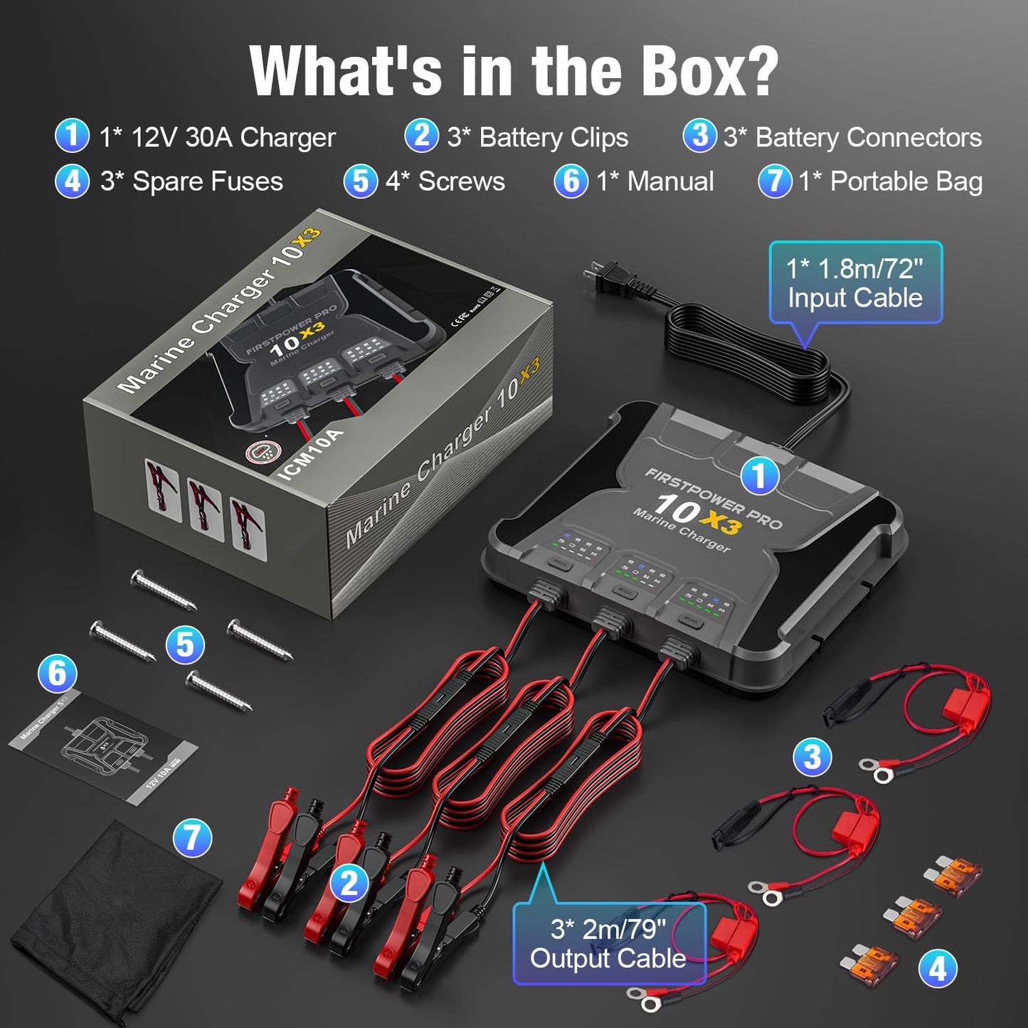 Upgraded 3 Bank Marine Battery Charger 10X3, 30A (10A/Bank) - 12V Waterproof Onboard Battery Charger, Battery Maintainer & Desulfator for SLA/AGM, Lithium (LiFePO4), Calcium & Deep-Cycle Battery