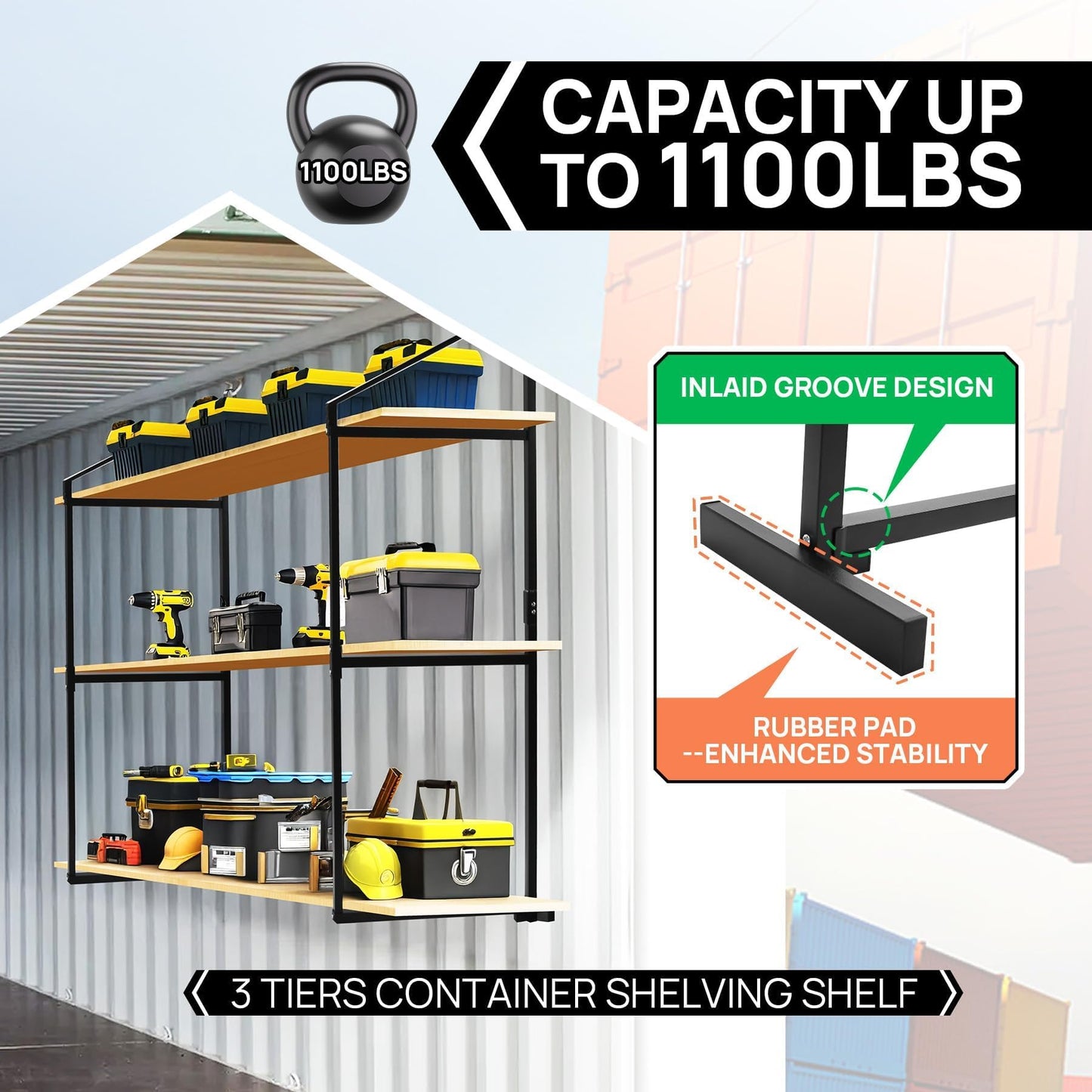 AELIVET 4 Pack Shipping Container Shelving Bracket with 60.5" H X 22.3" W, 3 Tiers Shipping Container Shelves-Bracket Rack with 1100 lbs Capacity - D-Ring Mount forHeavy Duty Cargo Shelves Rack