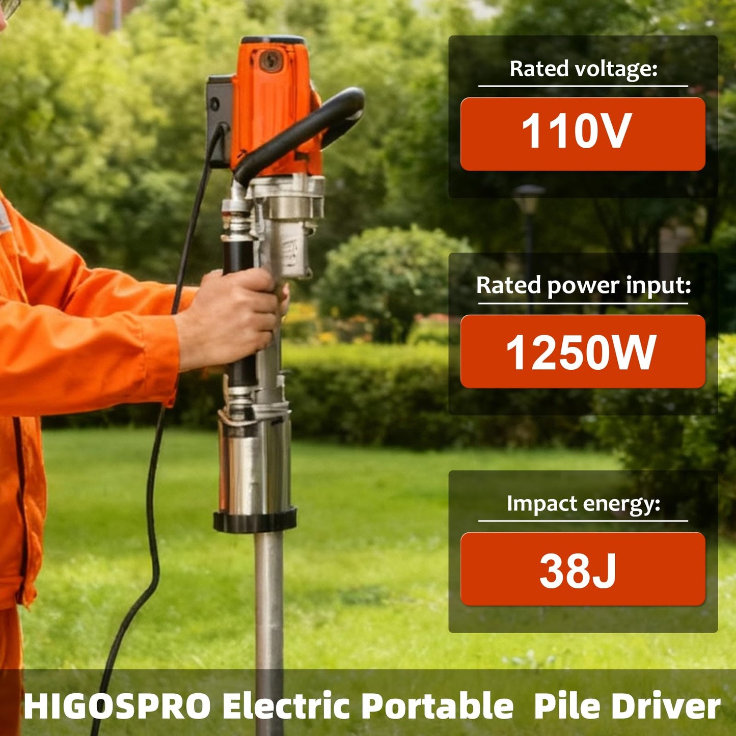 HIGOSPRO 1250W Electric T Post Driver - 110V Handheld Pile Driver with 1700 BPM, 3 Pile Sleeves (45mm/55mm/88mm) for Fencing & Construction