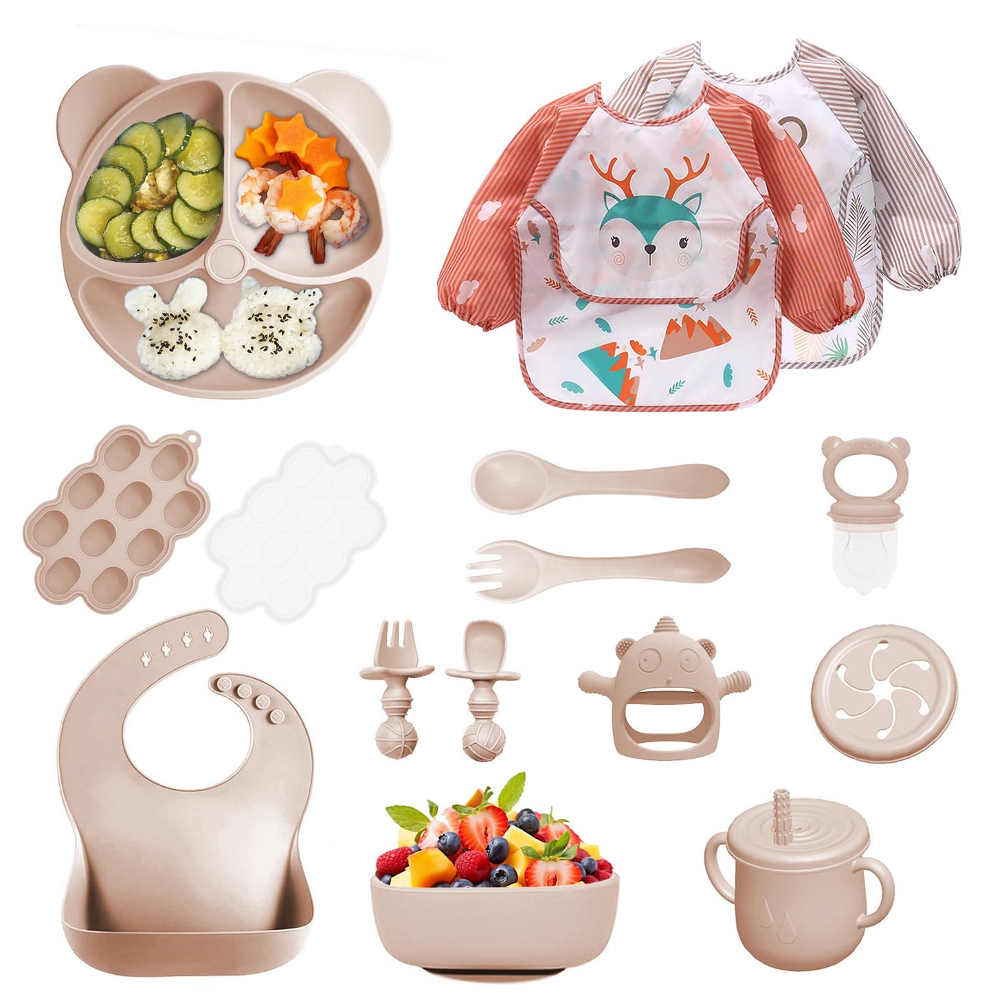 Silicone Baby Feeding Set, 14 Pcs Baby Led Weaning Supplies, Baby Spoons & Forks Suction Bowl Divided Plate Bib Cup, First Stage Solid Food Eating Utensils - 6+ Months (Beige)