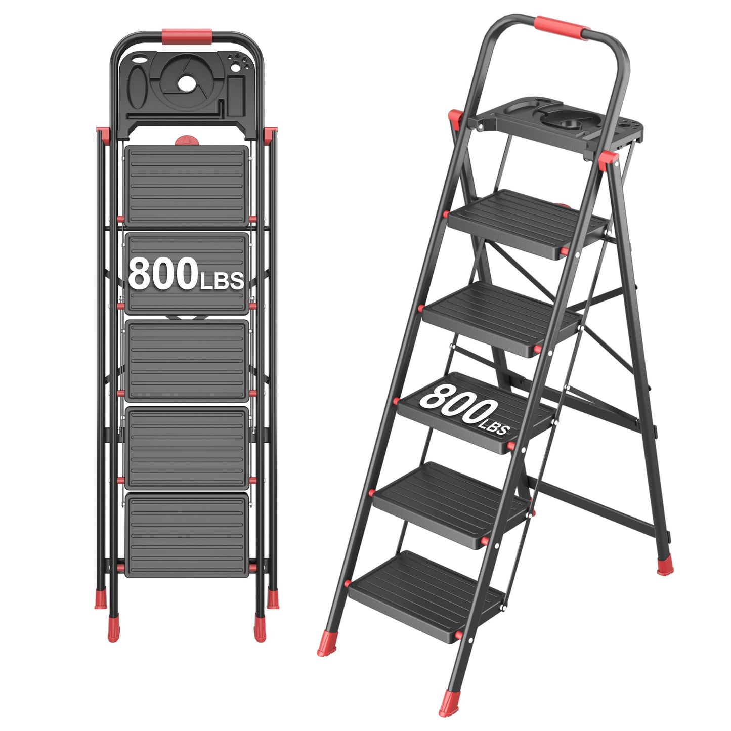 DIAMONDFORGE 5 Step Foldable Ladder with Multifunctional Tool Tray, Iron, Platform Ladders Stepstools, Folding with Non-Slip Pedals, 800 lbs Bearing Capacity for Adults/Home/Kitchen, Black Red
