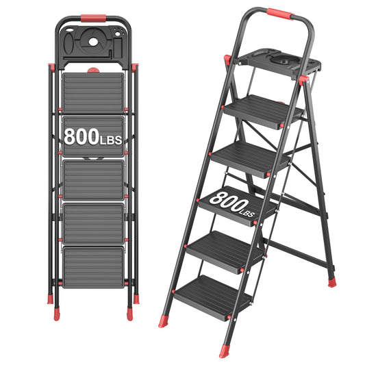 DIAMONDFORGE 5 Step Foldable Ladder with Multifunctional Tool Tray, Iron, Platform Ladders Stepstools, Folding with Non-Slip Pedals, 800 lbs Bearing Capacity for Adults/Home/Kitchen, Black Red