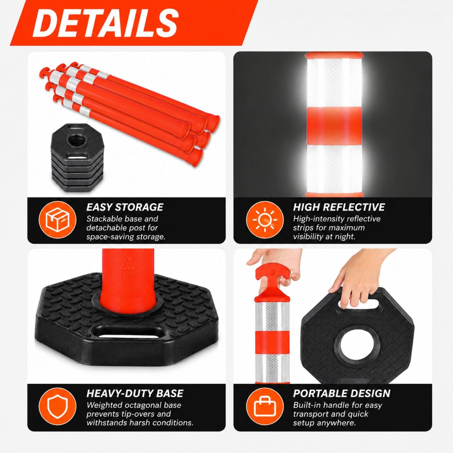 ELLUMIN 42" Traffic Delineator Posts,6 Pack Orange Safety Cones with Reflective Collars and Weighted Base for Road Safety, Parking Lots