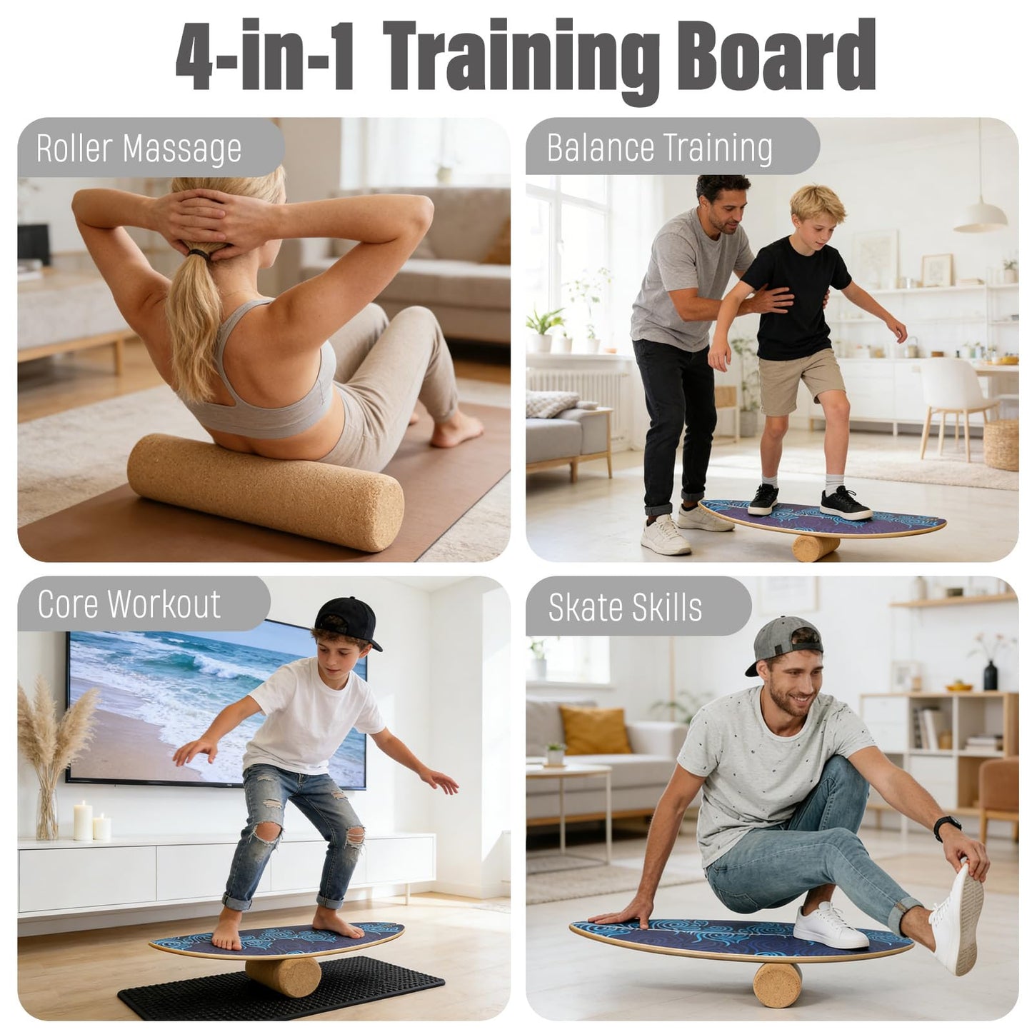 BOLUDON 2026 NEW｜29" Surf Balance Board for Kids & Adults｜MAX. 350lbs Balance Boards with Cork Roller & Half Ball｜0.6" Wobble Board Trainer from Beginner to Advanced｜Wooden Slack Board