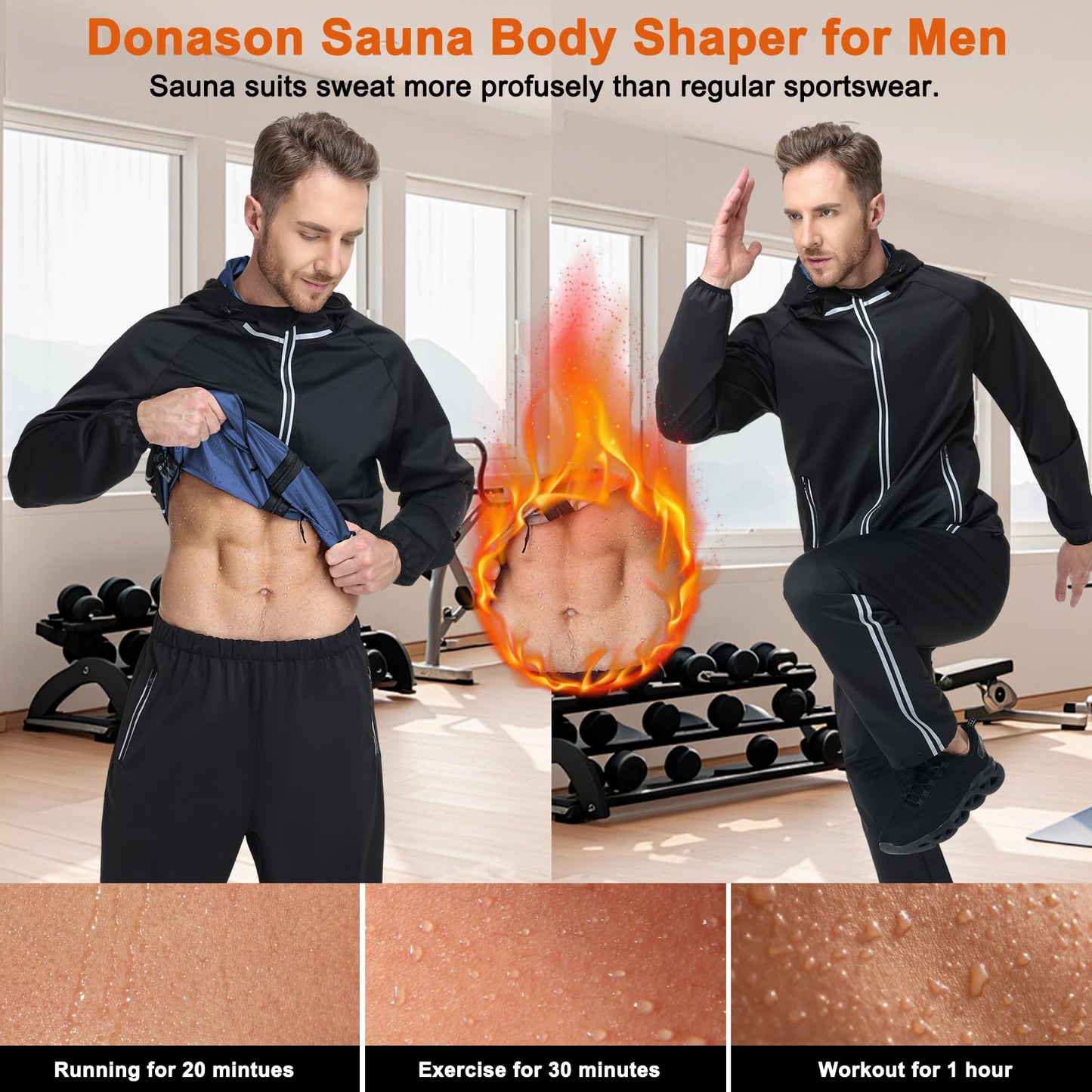 Donason Men's Sauna Suit Full Body Sweat Suit with Hood for Weight Loss Durable Sauna Jacket Pants for Gym Workout Body Shaper Heat-Trapping Fitness Shapeweasr Long Sleeve Tracksuit Zipper Top Bottom