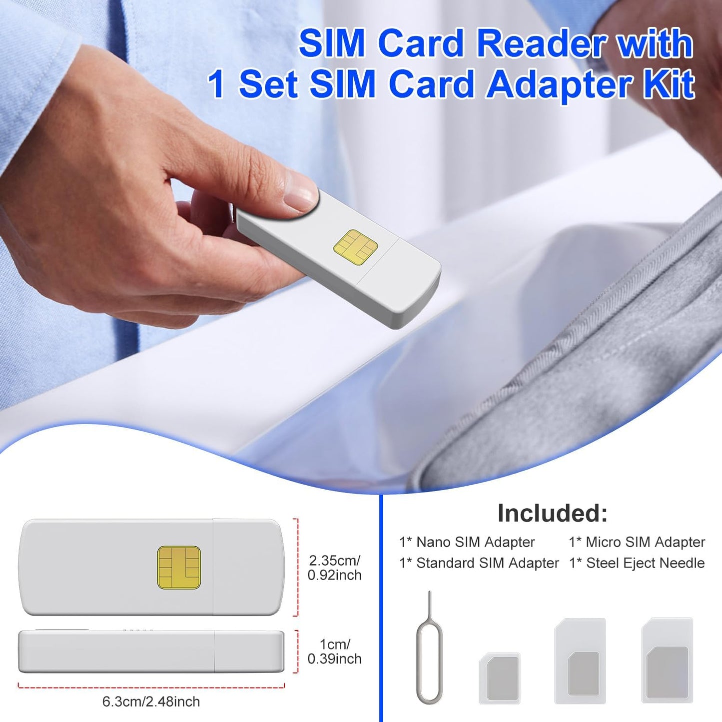 Bawanfa Pro SIM Card Adapter Reader - Sim Card Adapter Kit, Micro, Nano, Standard Sim Card Readers with Eject Pin - USB