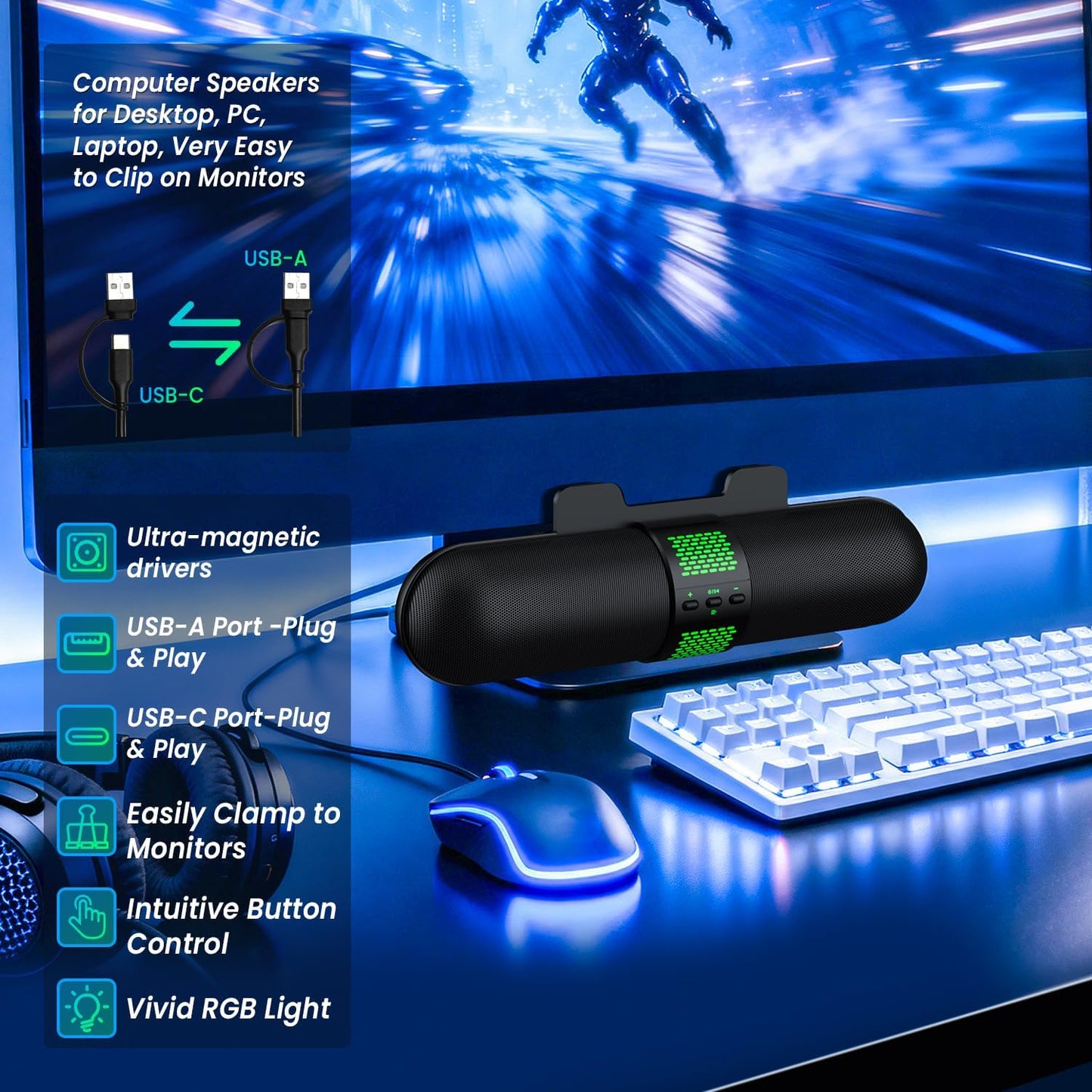 BESTISAN 5.3/Wired 6 Computer Speaker, Bluetooth USB A/C Connection, RGB Light Modes, Gaming Soundbar