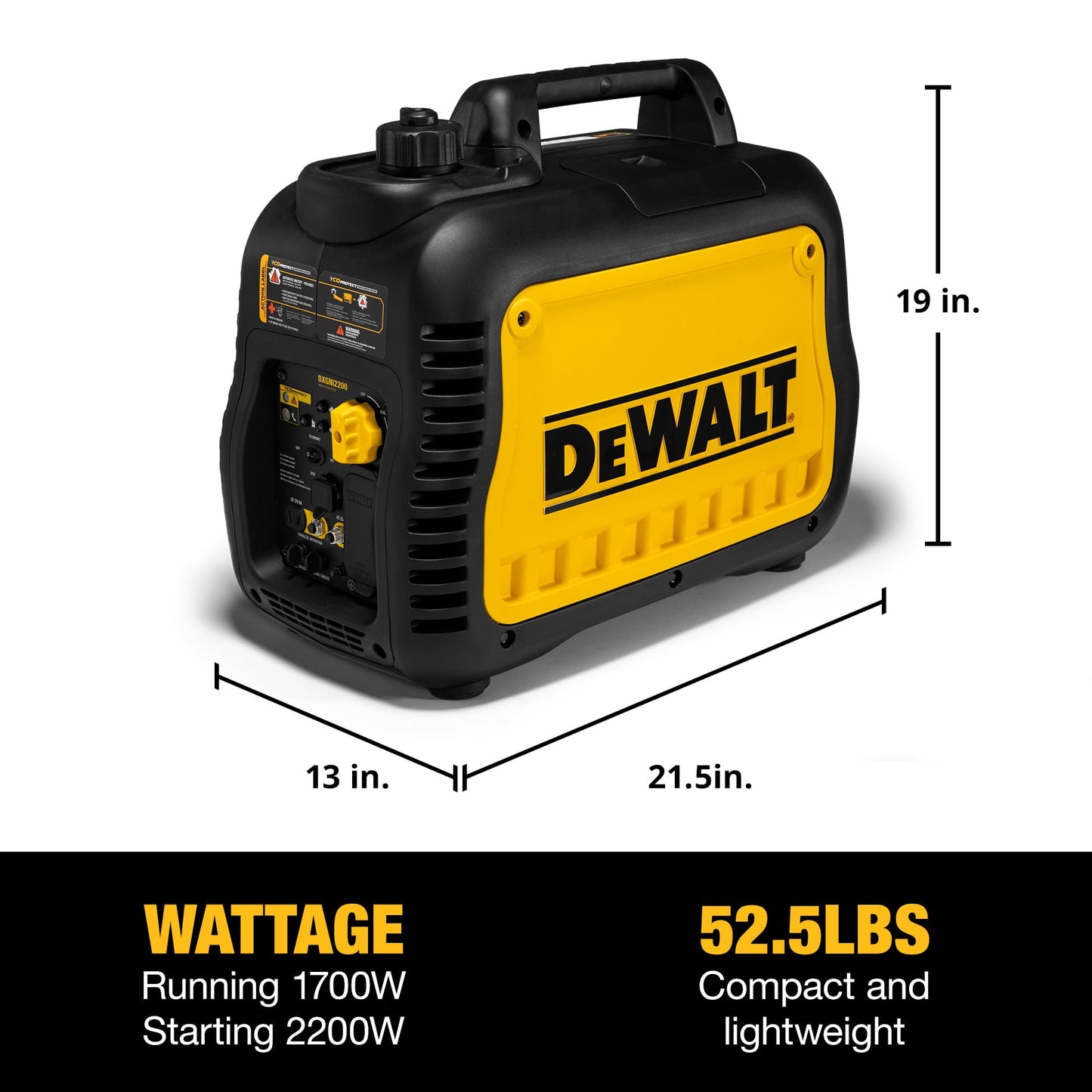 DeWalt 2,500 Starting Watt Portable Inverter Generator, Gas Powered, CO Protect Carbon Monoxide Detection, 8 Hour Runtime, Quiet Operation, Home Backup RV Camping Jobsite, 49 State