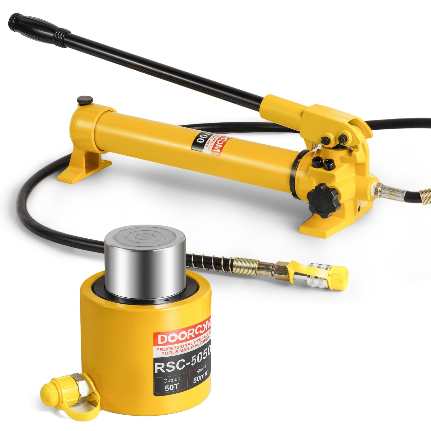 DOOROOM 50 Ton Hydraulic Cylinder Jack, 2' Stroke Hydraulic Ram, Porta Power Automatic Retracting Jack with CP-700, Yellow