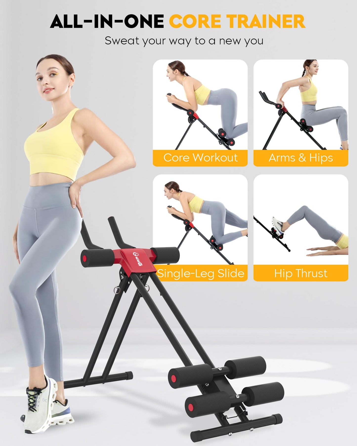 GuuG Ab Machine Ab Workout Equipment : Adjustable Ab Trainer at Home Gym for Stomach Workout Ab Workout Foldable Core Strength Training Equipment Home Gym System Red