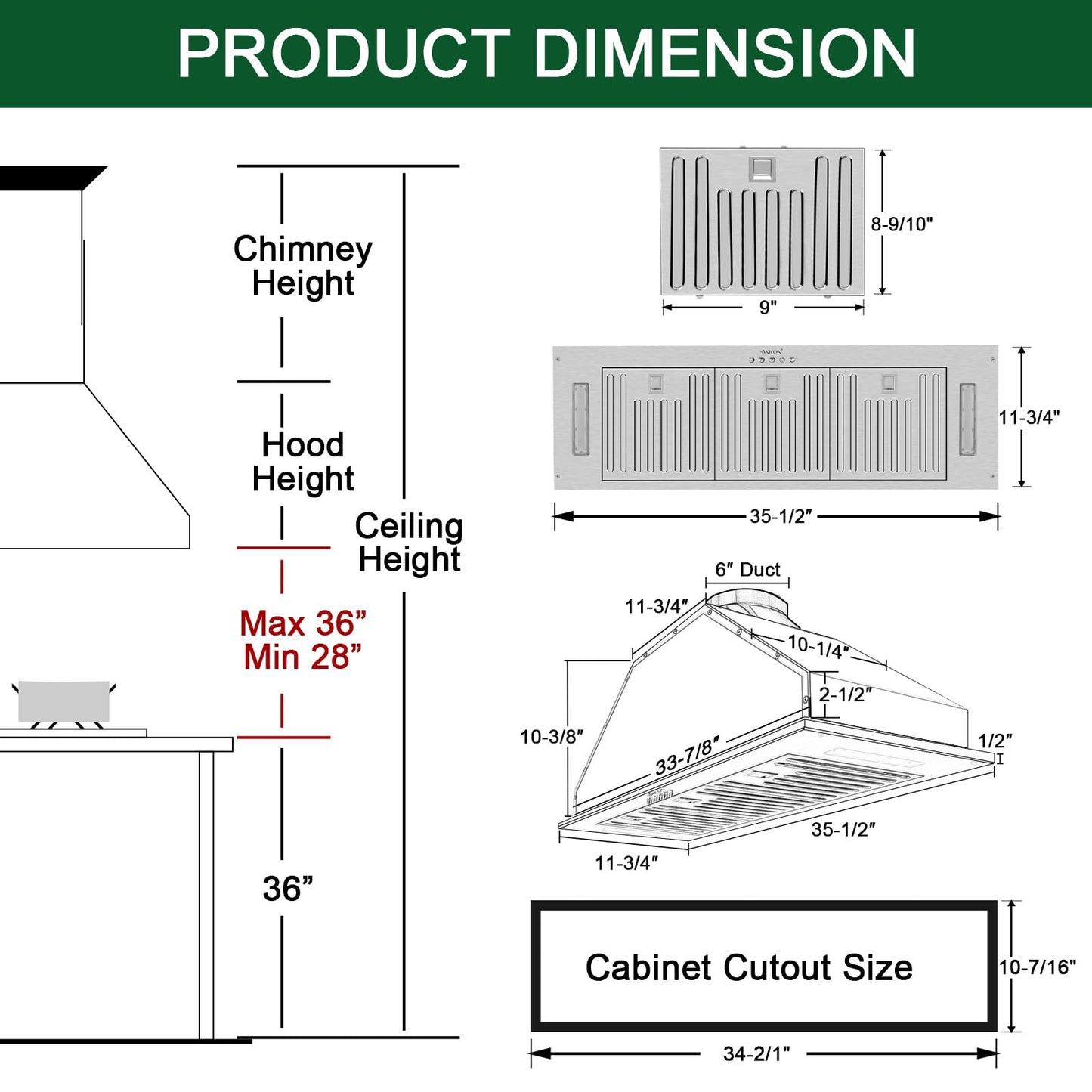 Akicon 36 Inch Range Hood Insert, Ultra Quiet Stainless Steel Ducted Insert/Built-in Kitchen Vent Hood with Powerful Suction, LED Lights and Dishwasher Safe Filters, 3-Speeds 600 CFM