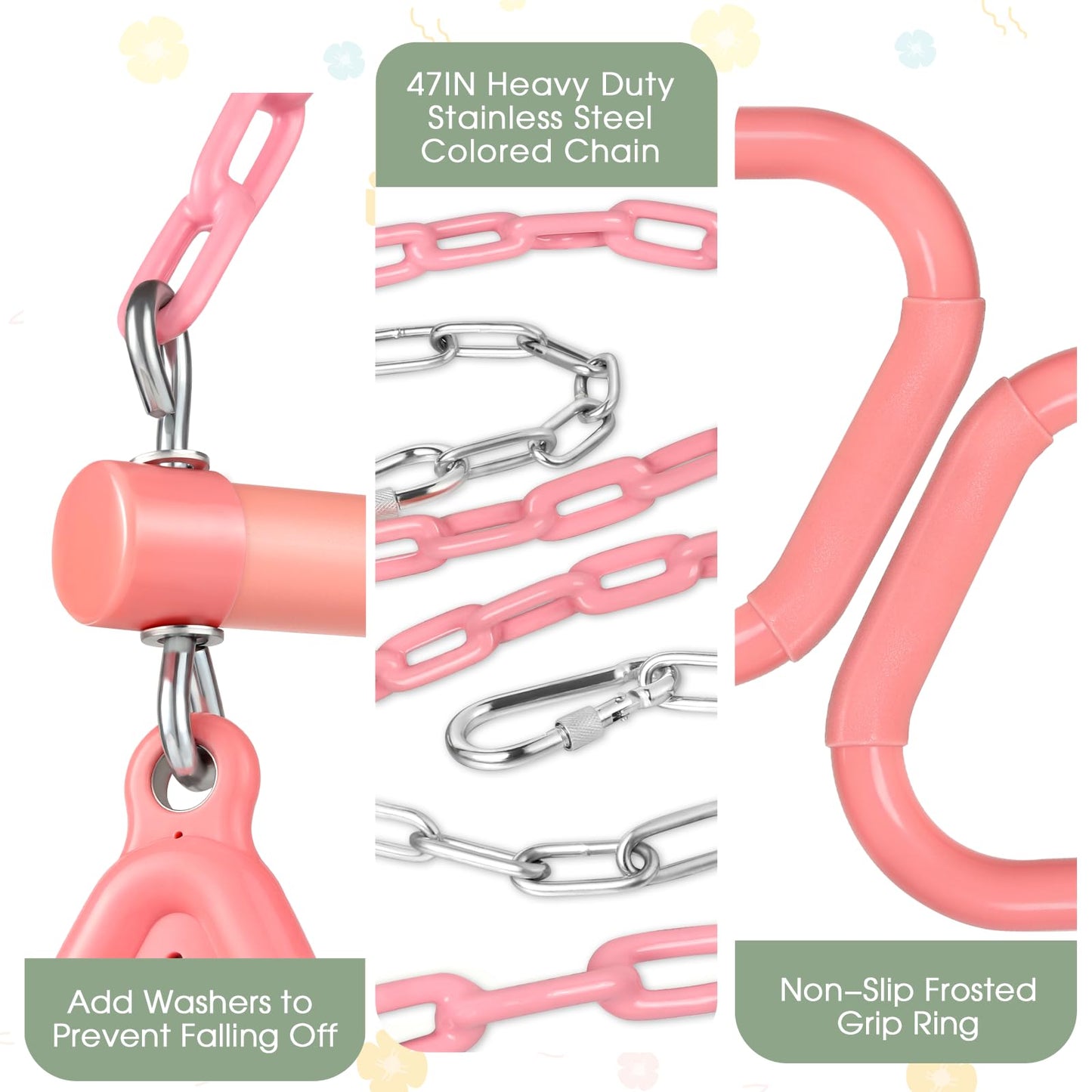 LadyRosian 17" Trapeze Bar Swing Set Gym Rings 47" Heavy Duty Chain Swing Set Accessories with Locking Carabiners Plastic Coated Chains Monkey Bars for Backyard, Playroom (Pink)