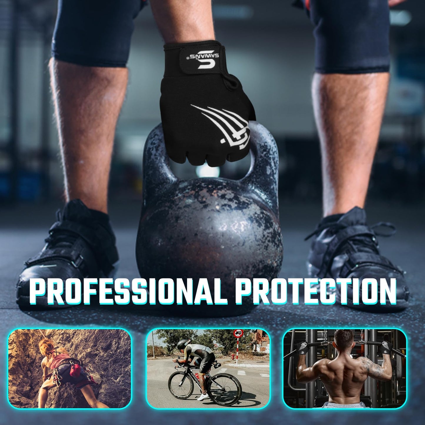 SAWANS Weight Lifting Workout Gloves Lightweight Breathable Padded Palm Protection Gym Gloves Non-Slip Silicone Grip for Men and Women Exercise Fitness Training Pull-ups Deadlifting (Black, L)