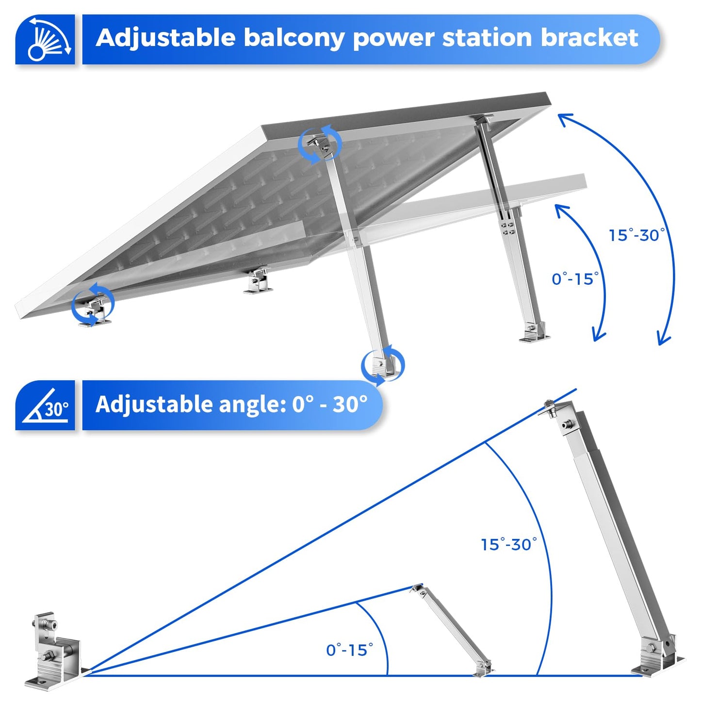 WOEFSTE 2 Set Adjustable Solar Panel Tilt Mount Brackets Aluminum Alloy Mounting Bracket Stand Systems Support 50W 70W 100W 150W 200W 300W 400W Panels for Roof/Boat/Flat Surface