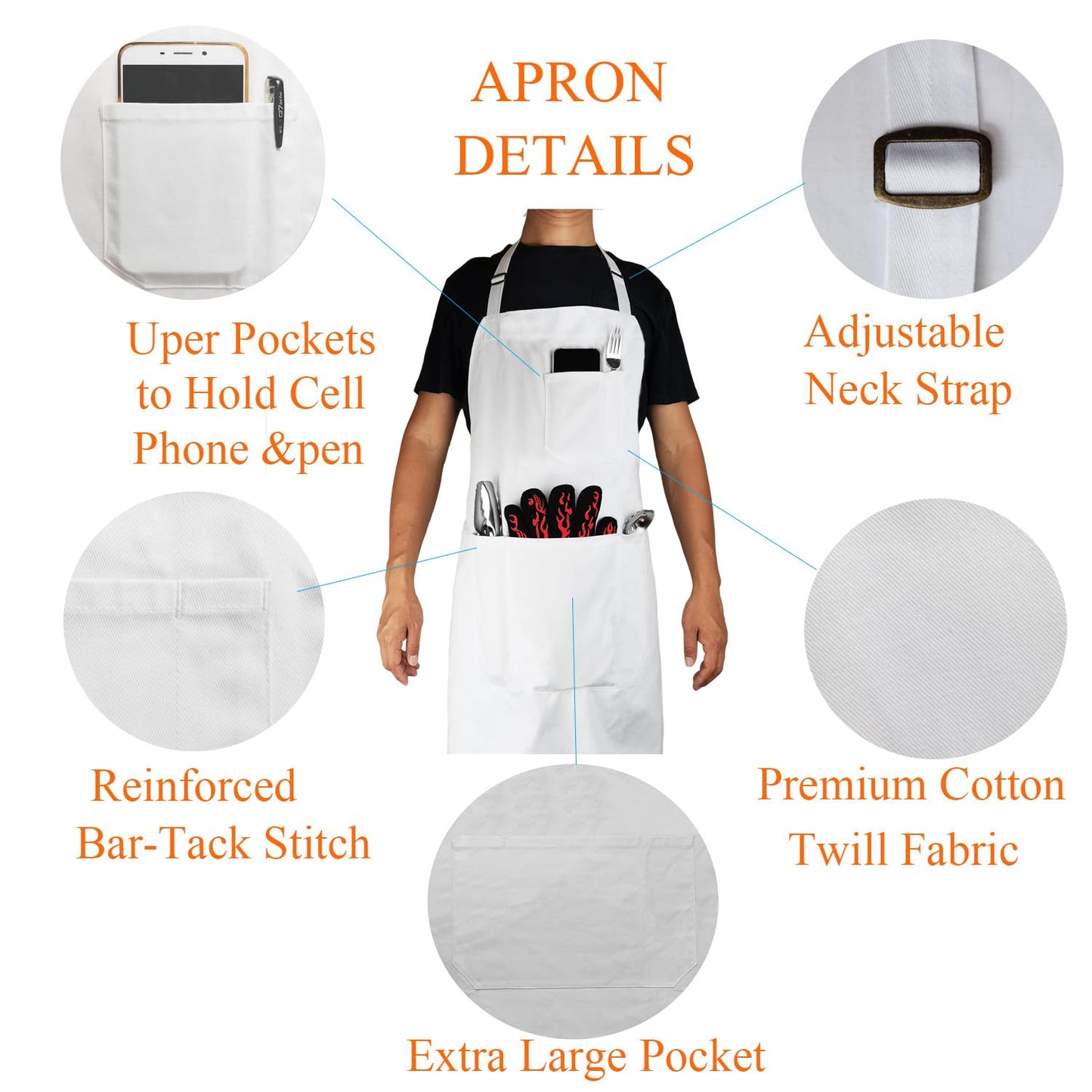 DCCPAA 100% Cotton Professional Grade Chef Apron for Cooking,Kitchen,BBQ, Grill and Hobby and Work for Men and Women gifts -White-5 Pockets-updated