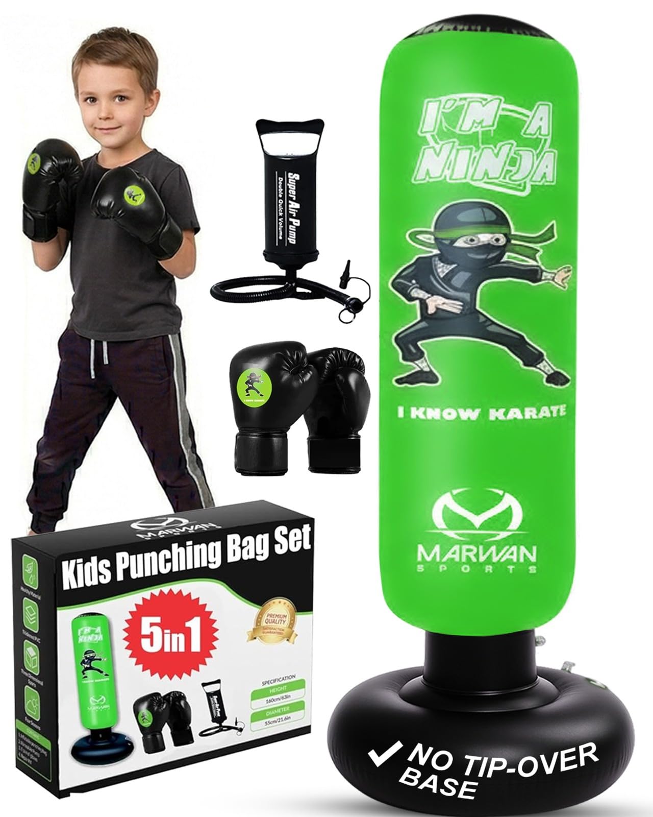 Marwan Sports Ninja Inflatable Punching Bag for Kids 4-12, Indoor Active Play for Sensory Seekers & High-Energy Kids, 63" 5-in-1: Gloves, Manual Pump, Funnel & Drag-Handle Base Cover, Apartment-Quiet
