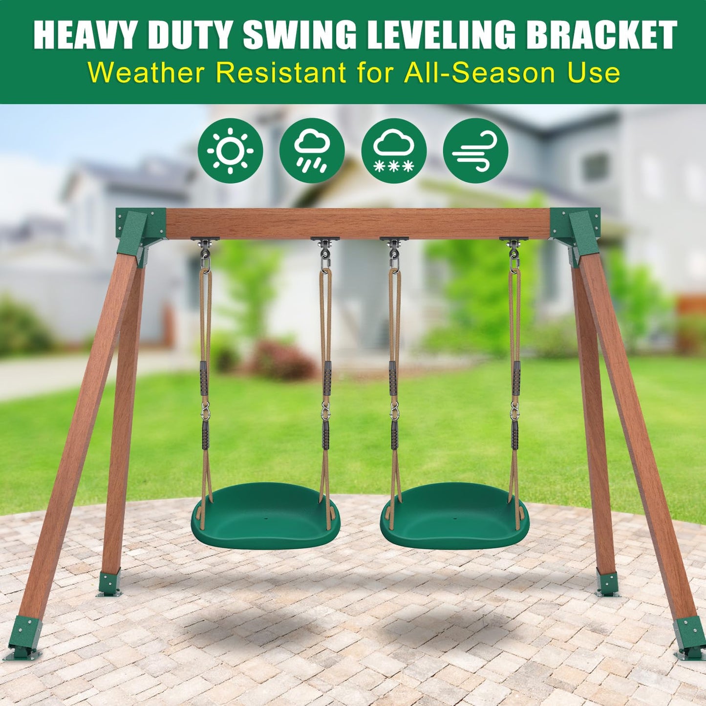 BeneLabel A-Frame Swing Set Brackets with 4pcs Swing Leveling Base Brackets Heavy Duty Swingset Hardware Kit DIY Swingset End Bracket for 4 (4x4) Legs & 1 (4x6) Beam Green