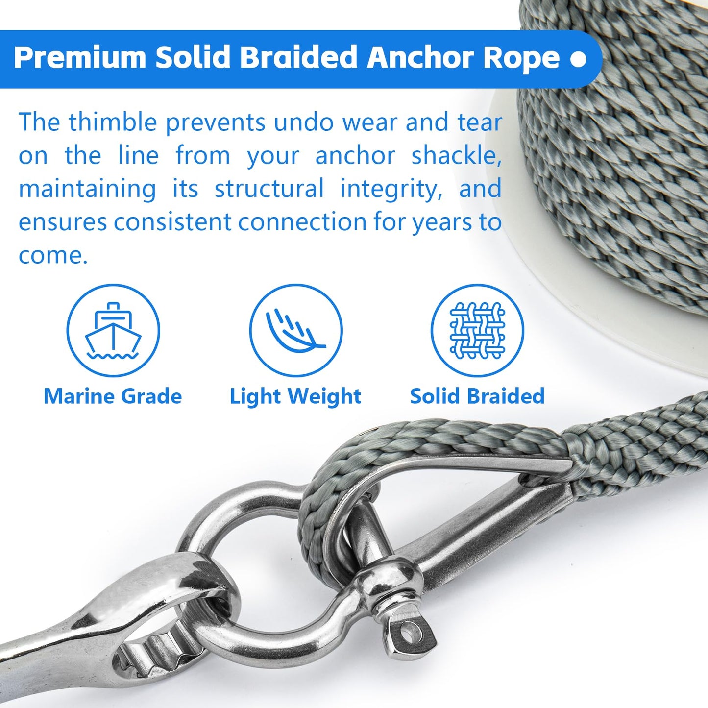 Anchor Line 3/8 inch 50ft. Grey Double Braided Nylon MFP Boat Anchor Rope ，with Stainless Steel Thimble and Shackle ，Anchor Line Fittings for Anchors and Boats Marine Rope