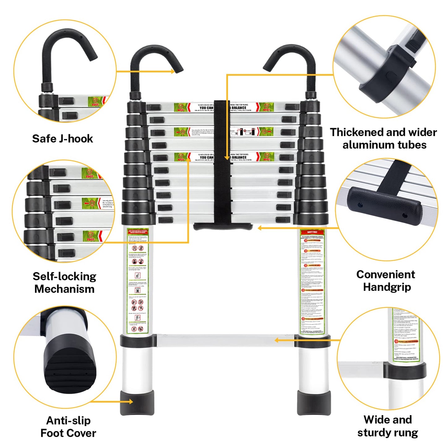 RIKADE Telescopic Ladder, 10.5 ft Aluminum Telescoping Ladder with Non-Slip Feet and Stable Hook, Portable Extension Ladder for Household and Outdoor Working, Max Load 330 lb, Aluminum