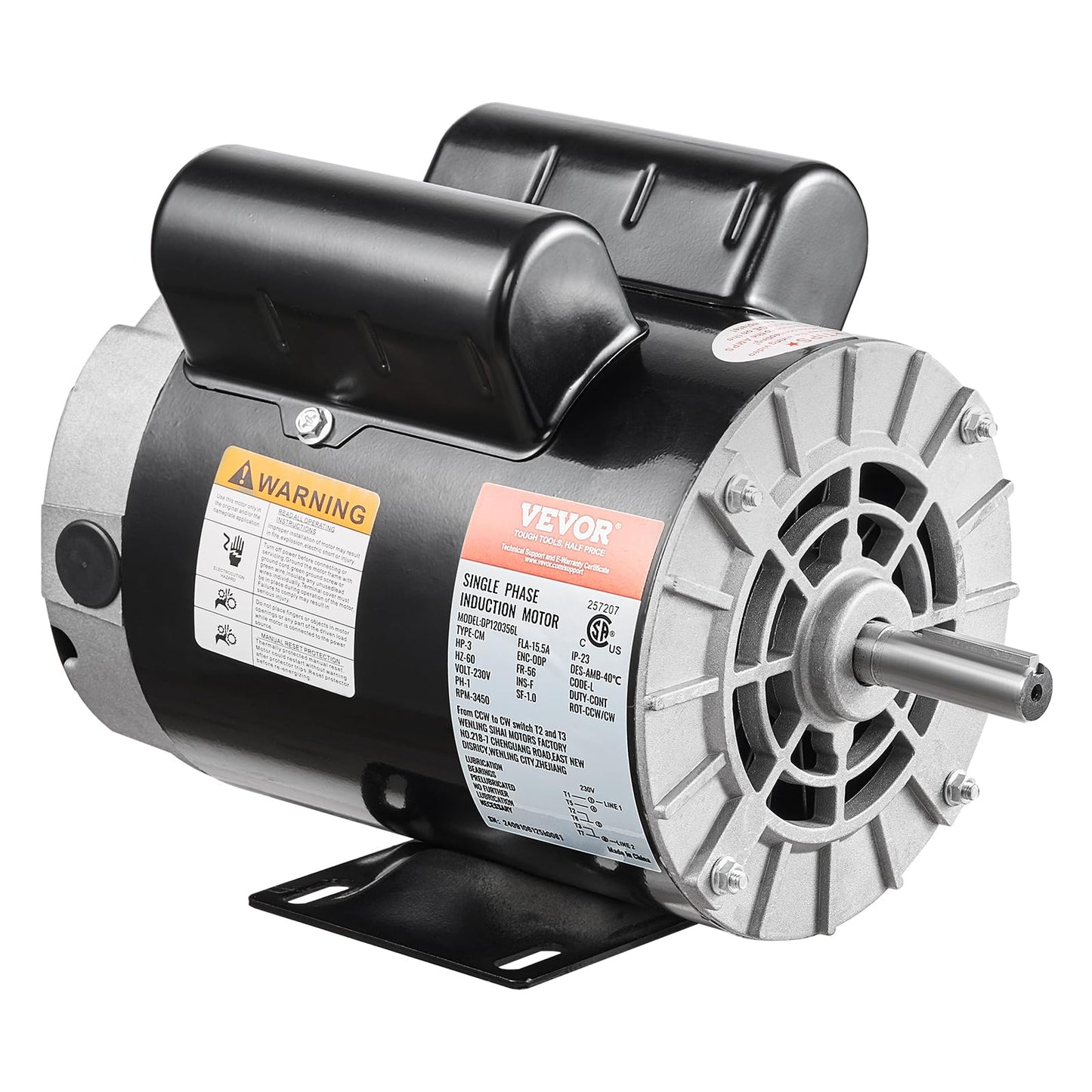 VEVOR 3HP Air Compressor Electric Motor, 230V 15.5 Amps, 56 Frame 3450RPM, 5/8" Keyed Shaft, 1.88" Shaft Length, Single Phase, CW/CCW Rotation (Factory Setting is CCW)