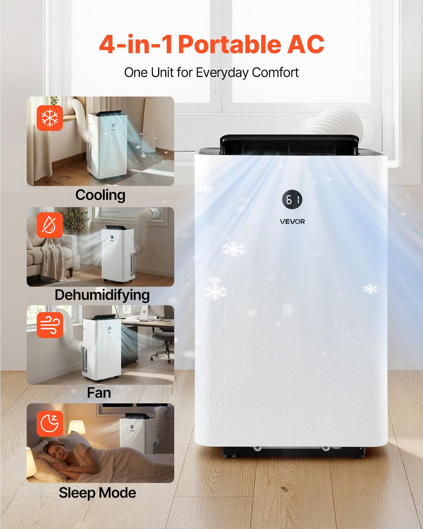 VEVOR Portable Air Conditioner, 14000 BTU ASHRAE (9800 BTU SACC) 4-in-1 Standing Cooling Ac Unit, LED Touch Panel & Remote Control, 24h Timer, Cooling, Dehumidifier, Fan, Sleep Mode for Room Indoor
