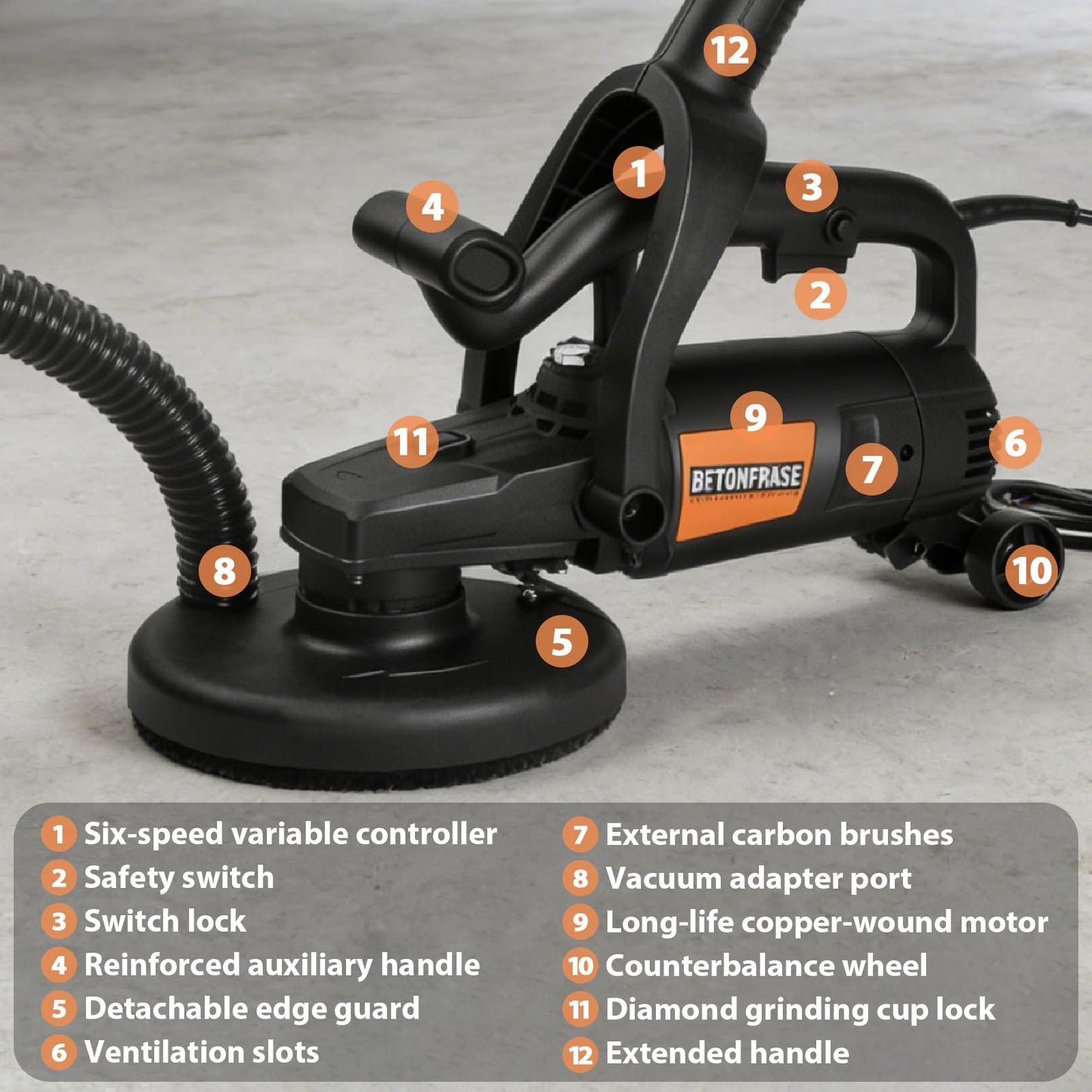 7 Inch Concrete Grinder Set with with Extendable Rod, 3800W Concrete Floor Polisher with Dust Extraction Shroud, 6 Gears, 6000RPM Concreter Surface Planner for Grinding Concrete Cement Marble