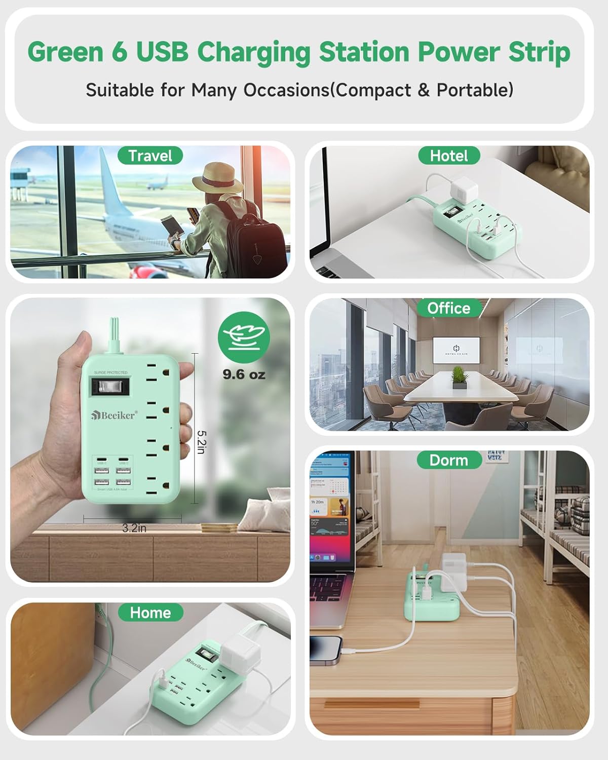 Beeiker 6 5Ft 4.8A 2 4 24W USB Green Travel Power Strip- Green Extension Cord with USB C Charging Station and Outlets