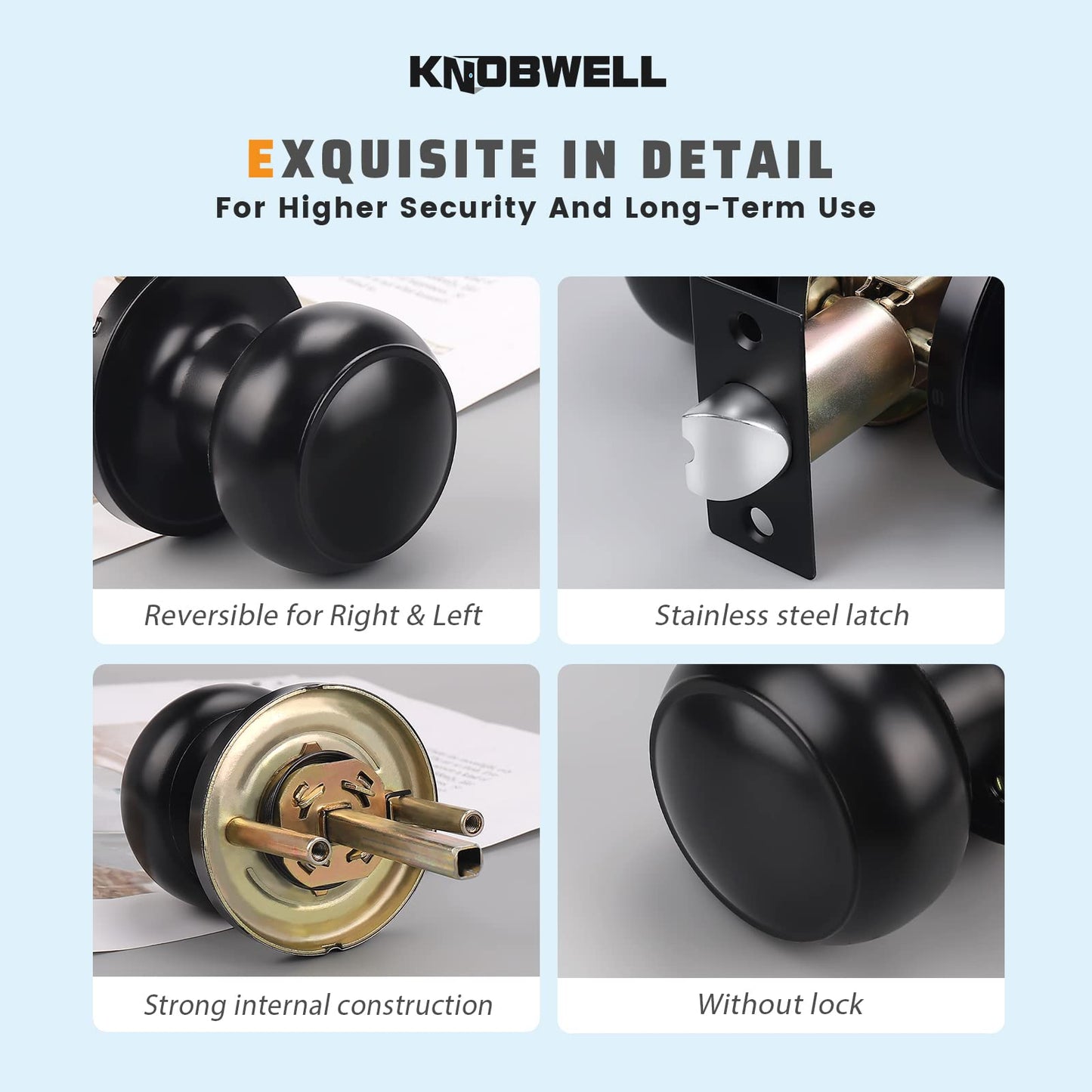 KNOBWELL 6 Pack Matte Black Door Knob - Round Interior Door Handles for Hallway & Closet, Non-Locking Passage Door Knobs with Durable Lockset, Easy Install