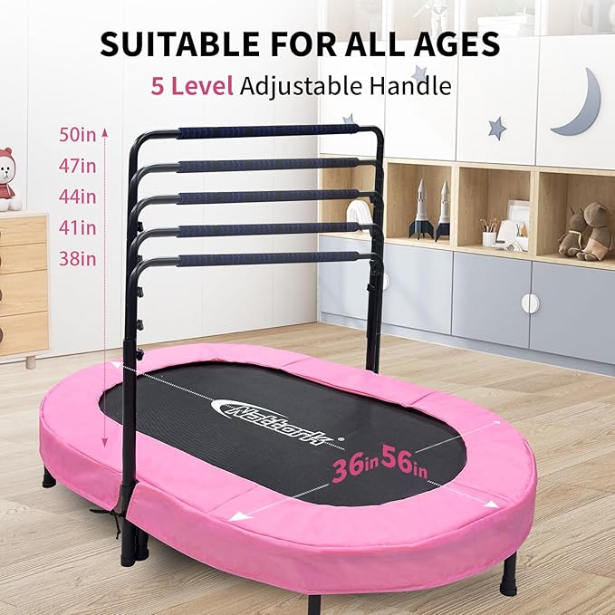 Nattork 56" Kids Trampoline Indoor, Double Trampoline with Adjustable Handle for Kids, Indoor/Outdoor Foldable Jumper, Max Load 220lbs