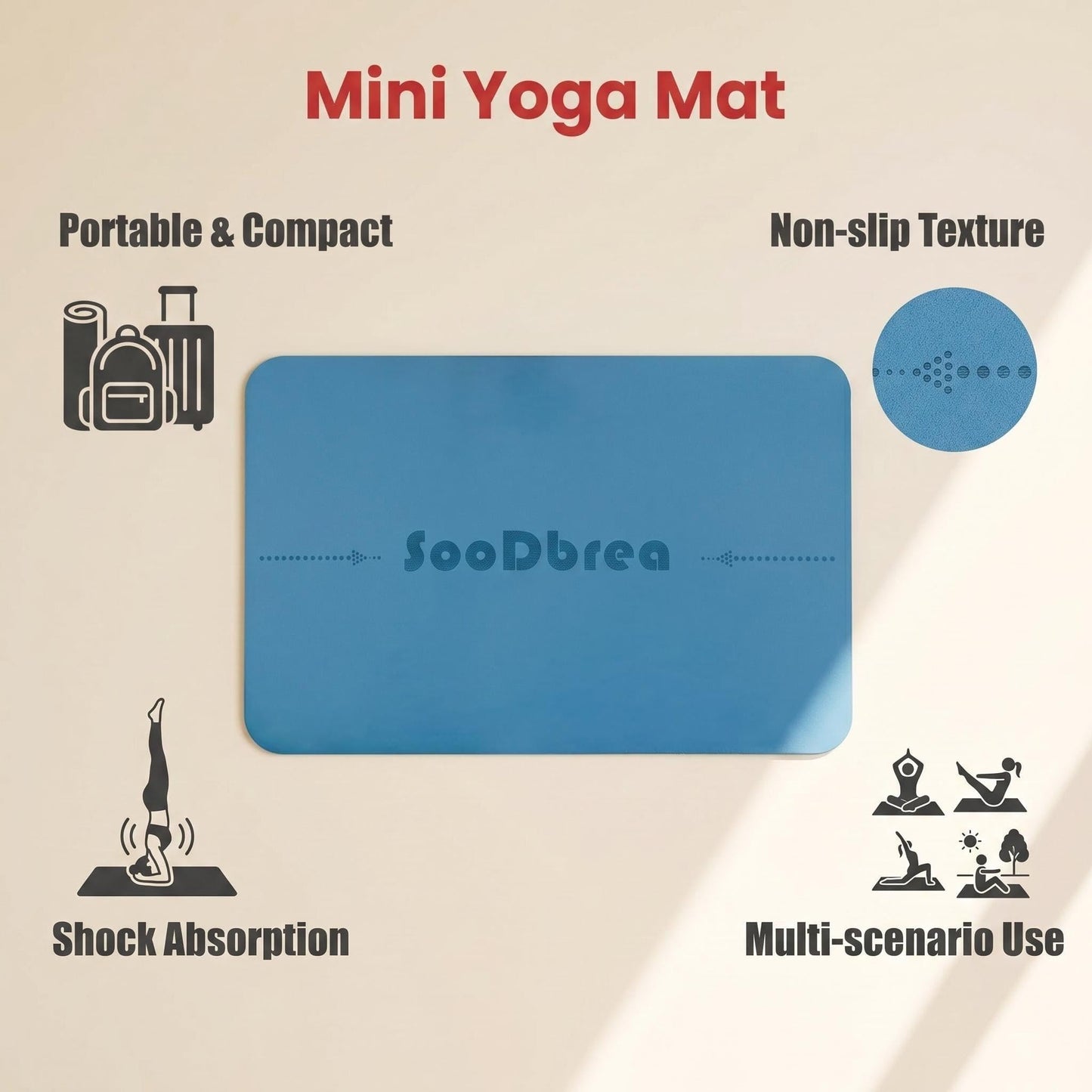 SooDbrea Mini Yoga Mat, Warrior-like Grip,Non-Slip,Alignment System,Head,Knee and Elbow Pad,Meditation Mat,Abdominal wheel pad,Portable