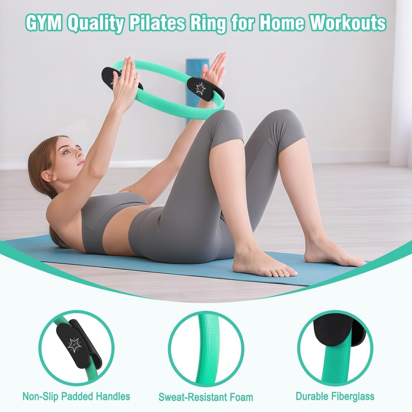 Muuruu Pilates Equipment Kit for Home Workout, Pilates Ring and Ball Set for Women, 14'' Magic Circle Essentials Accessories Kit, Wrist Weights, Resistance Bands, Yoga Strap, Socks, Bag Green