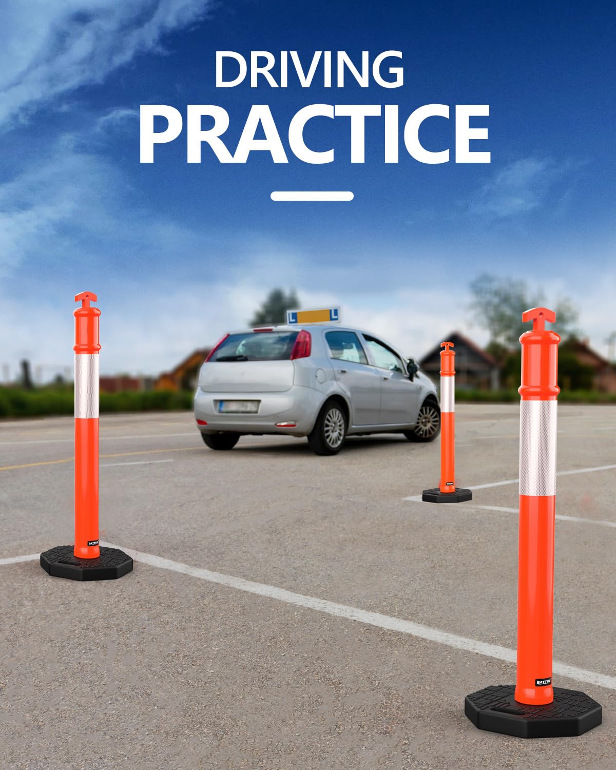 BATTIFE 45" Delineator Post with Base, Traffic Delineator Cones with Reflective Collar for Driving Practice, Construction Work (3, Orange, 45 inch)