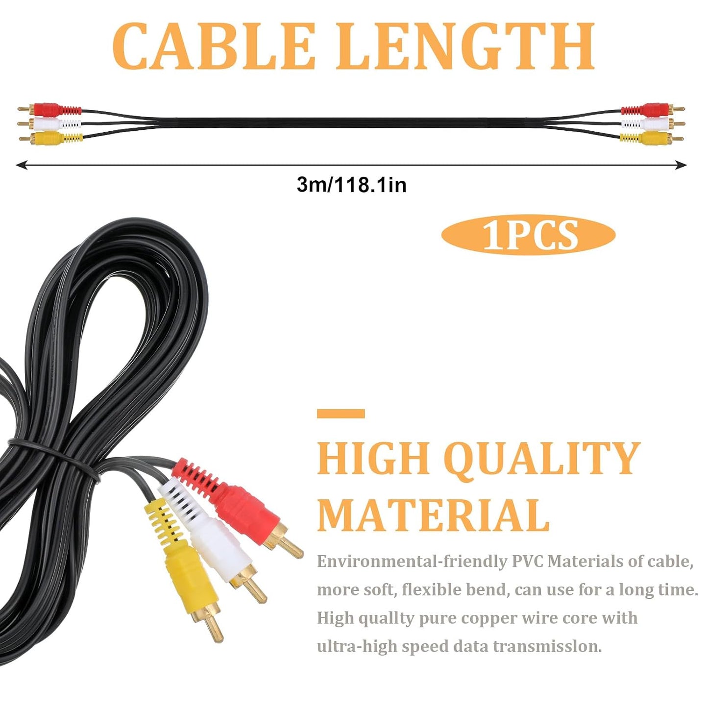 FdcLixuvol 10FT 3 3 RCA Audio Video Composite Cable, AV Cable Red/White/Yellow Male to Male for TV, DVD, VCR