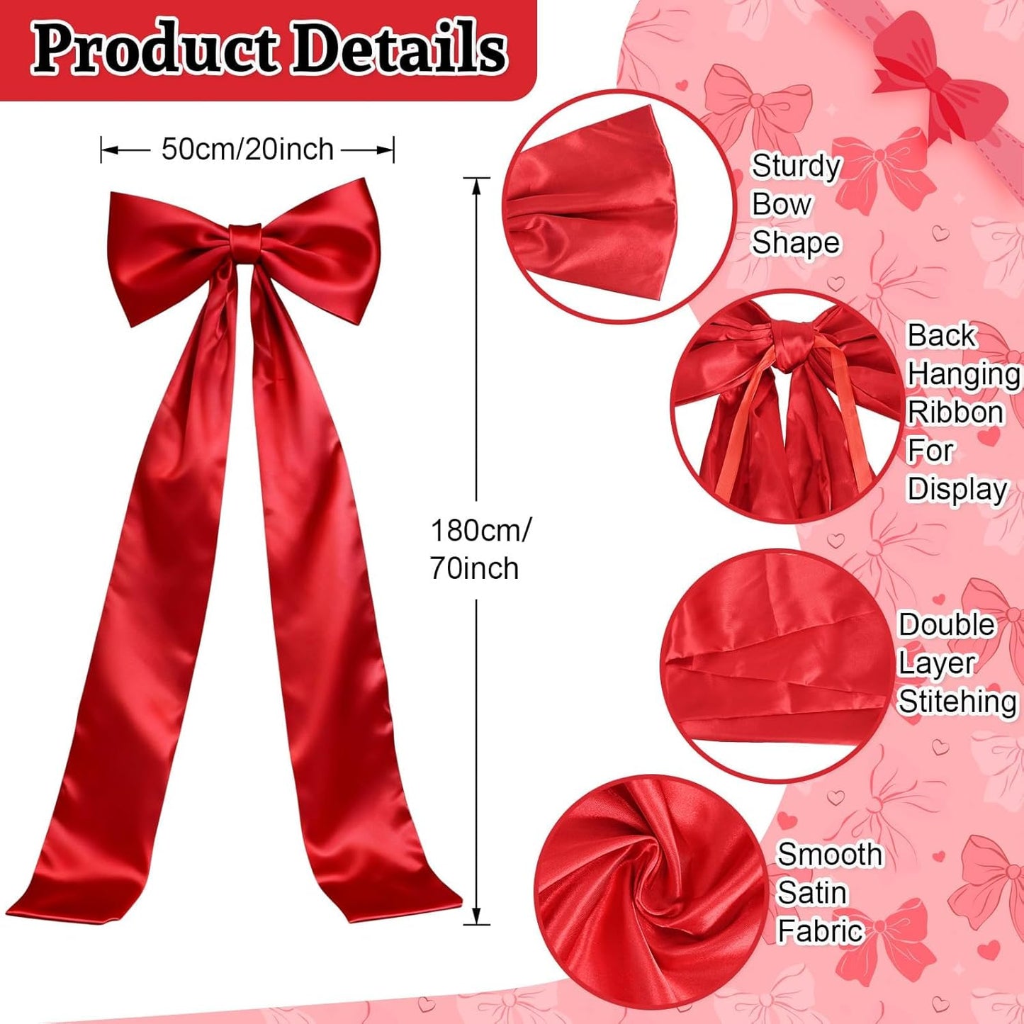 Skiennix Extra Long Satin Red Bow - 70x20 Inch Wall Decor for Valentine's Day & Weddings